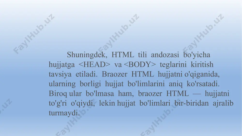 gi. odatda, piksel yoki foizlarda beriladi. masalan: ... • cellspacing — qo'shni yacheykalar orasining kengligini ko'rsatish, piksel yoki foizlarda beriladi. masalan: ctable border = «2» align = «center» cellspacing = «5»... > ... • cellpadding — yacheykalardagi ma’lumot va chiziq chegarasi orasining kengligini ko'rsatish, piksel yoki foizlarda beriladi. masalan: ... ; • frame — jadvalda qaysi chegaralarni ko'rsatish va qaysilarini ko'rinmaydigan qilish; • bgcolor — jadval foni rangini ko'rsatish. masalan: ... • bordercolor — jadval chegarasi rangi; • background — jadval foni sifatida tasvirdan foydalanish. 25. td ... — jadval satrida alohida yacheykani ramkaga oladi. 26. th ... — jadval sarlavha yacheykasi uchun ishlatiladi. 27. title ... — sarlavhani tashkil etadi. ushbu teglar orasida brouzerda hujjat nomini ko'rsatish mumkin. 28. tr ... — jadvalda satrning boshi va oxiri. jadval satrini aniqlaydi. odatda, jadvalda yoki teglari bilan ishlatiladi. 29. u ... — matnni ostki qismi chizilgan holda tasvirlaydi. masalan: bir, ikki, …