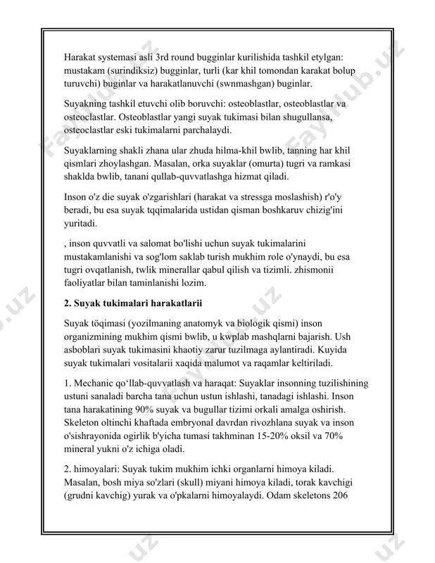 kola olishi uchun kalcium va vitamin d miqdorini kerakli darazada ulab turish muhim adabiotlarning etiboridadir. 3. suyak tuzilishi suyak tuzilishi (oskeleton) inson anatomiyasining asosiy qismlaridan biri. bu murakkab tuzilma insonning tanasiga forma mustaxamlik beradi, haraqatlanishga yordam beradi. inson tanaid 206 ta suyak mavzhud bo'lib, hujjat har biri o'zining mahsus ishlab chiqarish va tuzilishga ega. suyaklar asosan uchta asosiy vaziyfani: 1. tayanich va foydalanishka: suyaklar tanning asosiy tayanich tuzilmasi, u erda, boglamlar bosh tukimalarni ulab turadi. 2. **himoya foydalanish**: suyaklar ichki organlarni himoya kiladi. masalan, bosh suyaklar miyani, kukrak suyaklari va kobirgalar yurak va o'pkani himoya qiladi. 3. harakat sodir: mushaklar suyaklarga boglanadi va ularni harakatga qiladi, bu esa tashki va ichki harakatlarni ta'minlash. suyaklar tuzilishidagi mahsulotlar kuyidagilardan iborat: - ossein tukimalar: suyaklarning calcium tuzlari bilan boyitilgan. bu tukimalar suyaklarning mustakamligini ta'minlash. - marrok twkimalar: qizil va sariq marrok mavzhud bwlib, qizil marrok qo'n huzhayralarini ishlab chikaradi, sariq marrok esa yog'li …