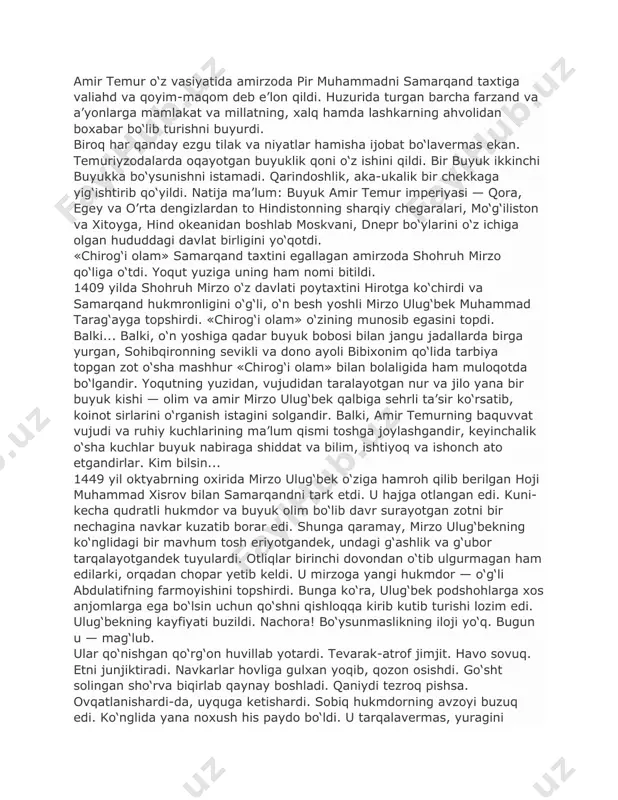 r orasiga dumalab tushar, qonlar favvoradek otilardi. hindlar ham qattiq qarshilik ko‘rsatib, matonat bilan jang qilardilar. bu kurashni to‘laqonli tasvirlashga til ham, qalam ham ojiz. botirlik va ayovsizlik, tajriba va g‘o‘rlik, bahodirona hayqiriqlar-u, qilich-nayzalarning jarangi, kesilgan boshlar-u, daryo-daryo qon oqimlari — barchasi ayqash-uyqash bo‘lib ketdi. fillarning bo‘kirishlari, yaradorlarning oh-dodi chor atrofni tutdi. ha, urush ko‘ngli yumshoq, zaif kishilarning ishi emas. zaiflar, ko‘ngli bo‘shlar, qo‘rqoqlar insoniyatning butun tarixi mobaynida qullikka mahkum bo‘lib kelganlar. qo‘ydek beozorlik, hiylakor dushmanning so‘zlariga laqqa ishonib yuraberish har qanday xalqni, ayniqsa o‘z tarixini, insoniy izzatini unutib qo‘ygan xalqni boshqalarga qaram qilib qo‘yadi. u paxta ekib, bir parcha chitga zor bo‘ladi, bug‘doy undirib, non yeyolmaydi, oltin kavlab chiqarib, chaqaga zoriqadi. dushman qarshiligi bora-bora susaydi. sulton mahmud va sarkarda malluxon bir siqim askarlar bilan qochib qoldilar. biroq, keyinchalik ular amir temur xoki-poyiga bosh urib, qarshilik ko‘rsatganlari uchun kechirim so‘rab keldilar. jang tugadi. dehli taslim bo‘ldi. shaharga kirish marosimi ertangi …