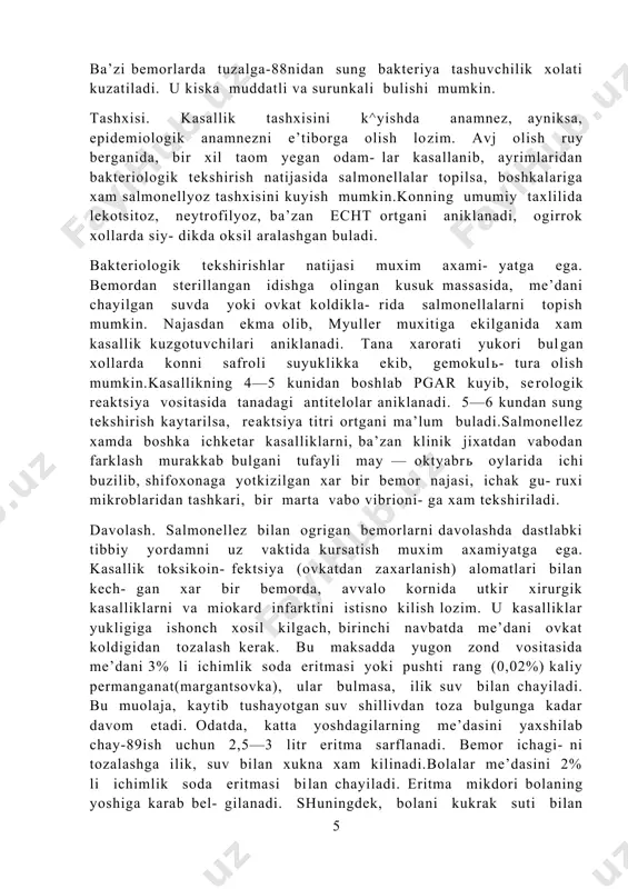 na xarorati de-87yarli kutarilmaydi. korinda biroz ogrik. buladi, ich bu- zilib, kuniga 3—5 marta suvdek ketadi. ogirrok xollarda intoksikatsiya va diareya sindromiga xos alo­matlar yakkol ifodalanadi. umumiy loxaslik, ishtaxa yukolishi, kungil aynishi, tana xaroratining kutari- lishi intoksikatsiya alomatlari xisoblanadi. xarorat 38—39°s gacha, ogir xollarda — 40°s gacha kutariladi.salmonellezda diareya sindromi utkir gastroente­rit, xatto gastroenterokolit alomatlari bilan namo­yon buladi. k,isk.a muddatli umumiy ylomatlardan sung kusish boshlanadi. u odatda bir necha marta takrorla­nadi. odatda biroz keyinrok ich surishi kushiladi. av- val ich suyuk xolda tez-tez keladi, najas uzgarmaydi. 3—4 martadan sung ich suvdek bulib, kup mikdorda ke­ta boshlaydi. unda shillik, ba’zan kon aralashgan bu­ladi. ba’zan ich suyuk kelsa xam, unchalik kup mikdo­rda bulmaydi. axlat kukimtir tusda buladi. korin turib-turib «mijiglab» ogriydi. ichburugdagiga ux- shab tinimsiz katnash salmonellezda kam uchraydi.kasallik ogir kechgan xollarda organizmda suvsizla- nish (degidratatsiya) ruy beradi. u kuprok bolalarda uch­raydi. odatda, salmonellyozda degidratatsiya ii—iii da- rajagacha boradi. juda ogir kechganidagina, …