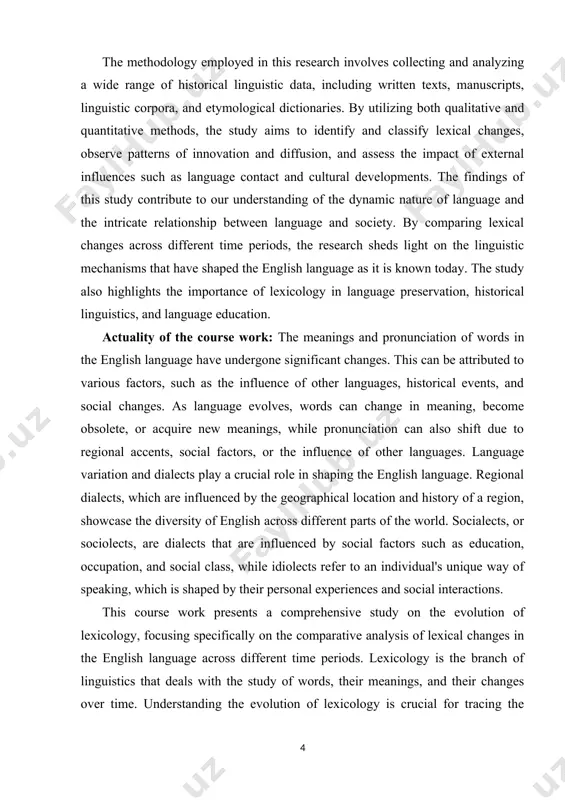 h, we will analyze shifts in word meanings, neologisms, and disappearance of terms throughout various eras of english history. we begin by exploring old english and middle english, focusing on how external factors like invasions influenced the formation of unique lexicons during these epochs. subsequently, we delve into early modern and late modern english stages, observing transitions brought upon by social change, scientific advancements, and cultural movements that shaped distinctive vocabularies specific to each period. finally, this course addresses contemporary developments such as digitalization, globalization, and multiculturalism influence current trends in modern english lexis. overall, students gain an appreciation for the dynamic nature of language, enrich their understanding of english etymologies, and foster sensitivity towards cross-linguistic influences shaping our daily interactions with words. keywords: lexicology, diachronic analysis, synchronic analysis, english history, etymology. practical values of research work: social factors, such as social class, education, and occupation, can significantly impact the …