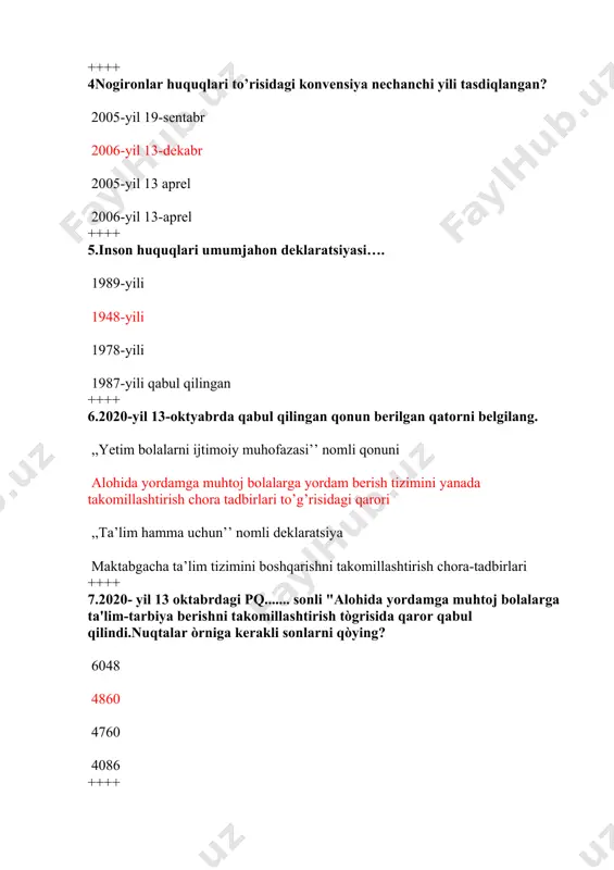 an tashkil etildi? 2004-yil iyun 1996-yil iyul 2004-yil iyul 1997-yil august ++++ 9."ta'lim olish insonning asosiy huquqi " ekanligi qaysi qonunda belgilangan? dakar dekloratsiyasida bolalar huquqlari konvensiyasida inson huquqlari umumjahon deklaratsiyasi ta'lim hamma uchun umumjahon deklaratsiyasida 10 dakar deklaratsiyasi nechanchi yilda qabul qilingan? 2000-yil 2003 1999 2002 ++++ 11.dunyo bo’yicha inklyuziv ta’lim tushunchalari 1-bo’lib qaysi davlatlarda boshlangan? === aqsh,yaponiya,fransiya salamanka,yaponiya ,aqsh skandinaviya,aqsh,yaponiya xitoy,koreya,yaponiya ++++ 12.bola huquqlari to’g’risidagi konvensiya qachon qabul qilingan? 1991-yilda 1986-yilda 1989-yilda 1996-yilda ++++ 13. tailanddagi “ ta’lim-hamma uchun” umumumjahon deklaratsiya va dakar shahridagi “ta’lim hamma uchun nomi ostidagi dastur qachon ishlab chiqilgan. 1994, 2000 1990,2000 2021,2000 1990, 2003 ++++ 14.imkoniyati cheklangan bolalar va o’smirlar uchun i.t to’g’risida muvaqqat nizomi qachon tasdiqlangan? 2020-yil 13-oktabrda 2005-yil 29-oktabrda 2004-yilda oktabr oyida 2005-yil 19-sentabrda ++++ alohida yordamga muhtoj bo’lgan bolalarga ta’lim-tarbiya berish tizimini takomillashtirish chora-tadbirlari to’g’risidagi qarori qachon qabul qilingan? 2018-yil 10-noyabr 2019-yil 15-sentabr 2017-yil 10-dekabr 2020-yil 13-dekabr ++++ inson huquqlari …