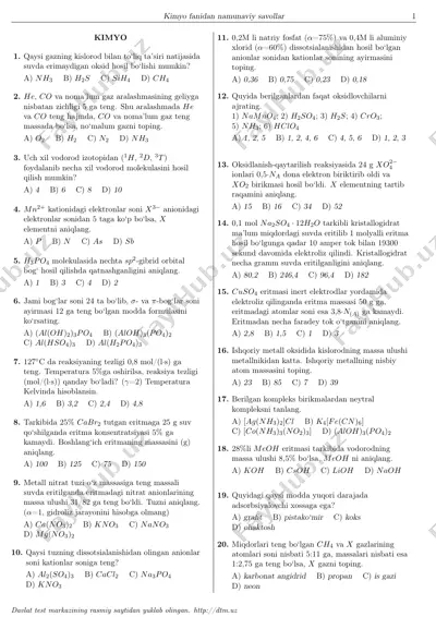kimyo fanidan namunaviy savollar — PDF