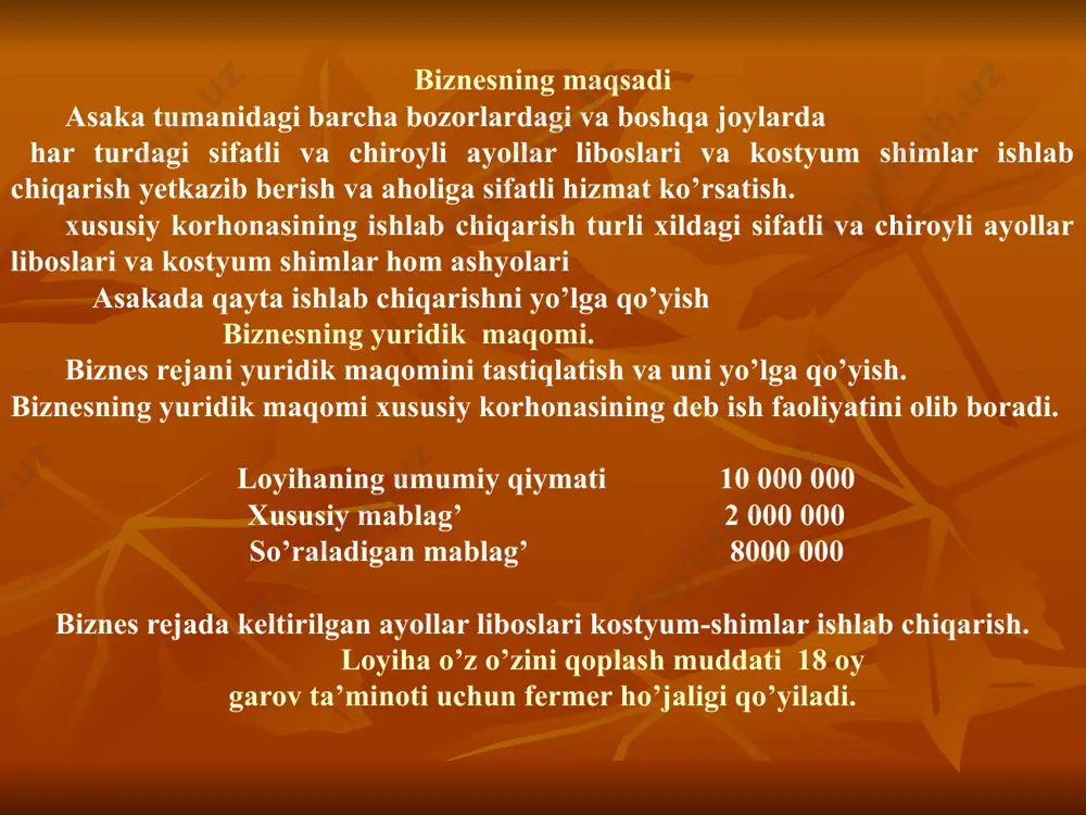 7,7 6,2 4,6 3,1 1,6 240,2 kredit 615 615 615 615 615 620 8000 2-yil xulosa xulosa qilib aytganda ushbu biznes reja amalga oshirilishi kutilgan loyiha real foydaga erishishga asoslangan bo’lib bu loyhani asaka tumanida kerakli bo’lgan segmentlari o’rganilgan joyga barpo etiladi. faoliyatga yanada yangicha g’oyalarni tadbiq etishni maqsad qilib qo’yilgan. 2014-yilda 10 ta bo’sh ish o’rni yaratiladi. hamda 140400000 mln so’m foyda bilan chiqadi. bu ko’rsatkichni keyingi yilga ikki yoki uch martagacha kengaytirish ko’zda tutilgan. image1.wmf /docprops/thumbnail.jpeg