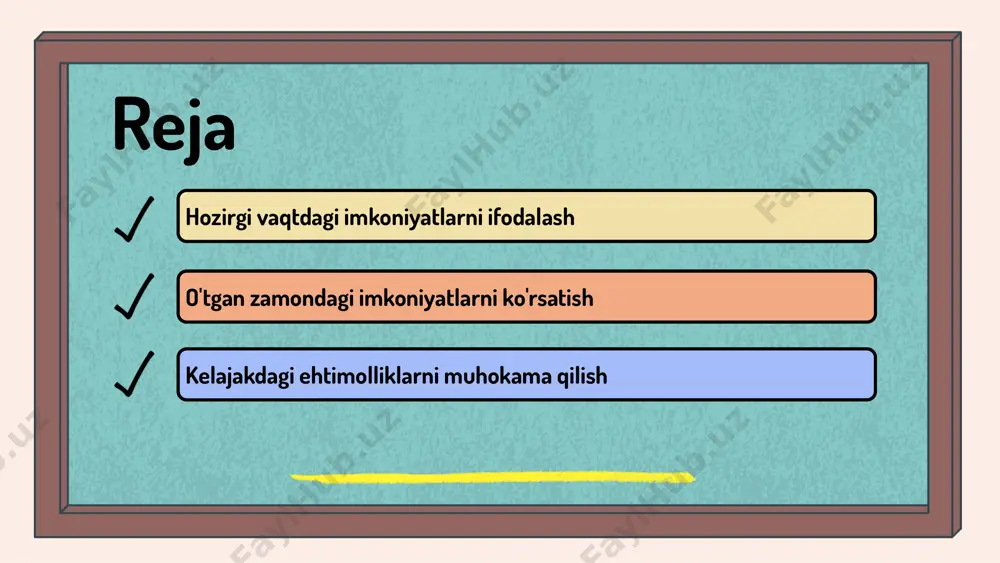 ytda buni osonlik bilan bajarish imkoniyatiga ega edi.) 3. biz o'sha joyga borishimiz mumkin edi. (biz o'sha paytda o'sha joyga borish imkoniyatiga ega edik.) o'tgan zamondagi imkoniyatlar bugungi hayotda ko'p jihatdan ahamiyatga ega. ular insonlarning o'z qobiliyatlarini va imkoniyatlarini qanday baholashlarini tushunishga yordam beradi. 'could' yordamida o'tgan zamon ko'rsatmalari 'could' so'zi o'tgan zamondagi imkoniyatlarni ifodalashda muhim rol o'ynaydi. bu so'z yordamida biz o'zimizning o'sha paytdagi imkoniyatlarimizni va ularni qanday amalga oshirganimizni aniq ifodalashimiz mumkin. masalan, 1) "men bolaligimda suzishni o'rgana olardim" - bu o'tgan zamonda suzish imkoniyatini ko'rsatadi; 2) "u o'sha paytda yaxshi yozuvchi bo'lishi mumkin edi" - o'sha paytdagi imkoniyatlarni ifodalaydi; 3) "biz u bilan muhokama qilganimizda, u buni qila olardi" - o'sha vaziyatda imkoniyatni bildiradi. 'can' va 'could' farqlari 'can' va 'could' o'rtasidagi farqlar shundaki, 'can' hozirgi zamon mumkinligini ifodalaydi, masalan, 'men bu ishni qila olaman'. 'could' esa o'tgan zamon imkoniyatlarini ko'rsatadi, masalan, 'men bu ishni qila olardim'. …