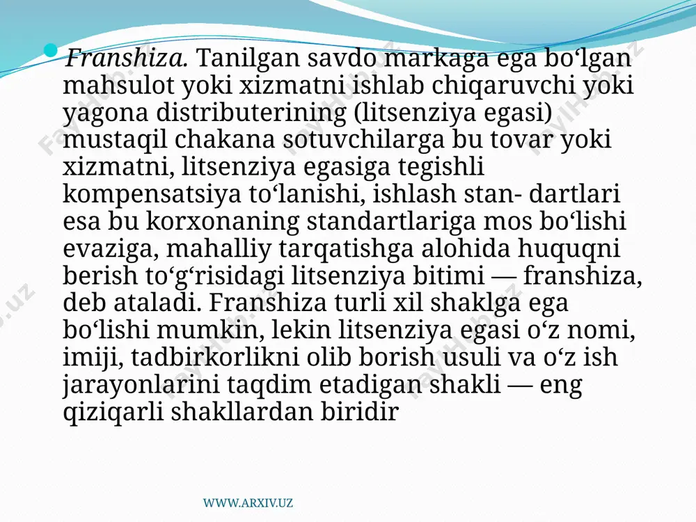 o'sishi, servis tashkil etish, yangi mahsulotni bozorda sotish, innovatsiyani zaruriy siklini yakunlash)ni o‘z ichiga oladi innovatsion marketing faoliyat bosqichi ilmining tadqiqot o'tkazish va ishlab chiqish; ishlab chiqarishni tugal tayyorlash va tashkil etish; xodimlarni tayyorlash, ishlab chiqarishni yo‘lga qo‘yish; yangi mahsulotlarni marketingi; moddiy tusga kelmagan texnologiyalar (patent, litsenziya va boshqalar)ni sotish(sotib olish); moddiy tusga kirgan innovatsion maxsulotlami sotishdan iborat. innovatsion faoliyatni amalga oshiruvchi yuridik shaxslar... va innovatsion faoliyatda ishtirok etuvchi jismoniy shaxslar ishtirokchilar va innovatsion faoliyat subyektlari hisoblanadi. www.arxiv.uz