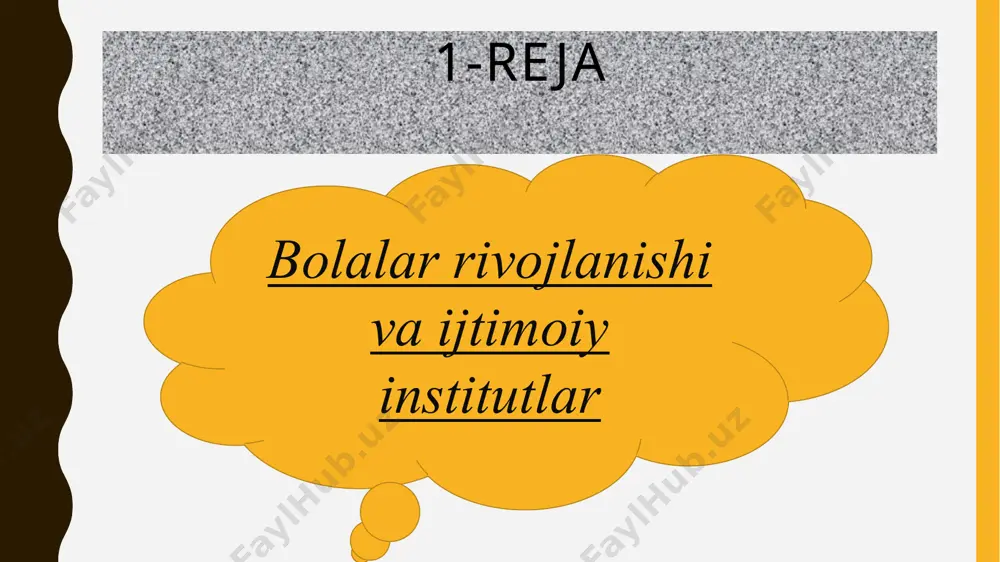 rilgan: 1. 2. 3. atrof-muhit sharoitini bolalarning muammolarini bartaraf etish asosida yaratish bolalarni raqobatdosh bosimlarga moslashishiga yordam berish bolalar tashabbuskorligini qo`llab-quvvatlash 2-reja oila va uning tuzilishi oilaviy munosabatlar yuzasidan o’zlarining durdona fikrlarini tarixda qoldirgan sharqning buyuk allomalari ibn sino alisher navoiy abu nasr farobiy abu rayhon beruniy oilaviy munosabatlar yuzasidan o’zlarining durdona fikrlarini tarixda qoldirgan sharqning buyuk allomalari bobur abdulla avloniy yusuf xos hojib mahmud qoshg‘ariy taniqli amerikalik psixoterapevt salvador minuxinning oila xususidagi fikrlari va konsepsiyasi oila – murakkab tuzilishga ega bo’lib, tarkibiga ayrim alohida individlarni, bir qator tizimlarni qamrab oladi. ichki tuzilmalar koalitsiyalarga birlashib, oila doirasida turli hodisa va jarayonlarni keltirib chiqaradi. bundan tashqari, har qanday oila boshqa o’ziga o’xshash tuzilmalar bilan murakkab munosabatlarni o’rnatadiki, bu tashqi tizimlar ba’zan oilani qo’llab-quvvatlash vazifasini ham bajaradi. oila – eng avvalo rivojlanuvchi tuzilma bo’lib, unga yoshga oid qonuniyatlar xosdir. chunki oila a’zolari yillar o’tgani sari rivojlanadi, yetuklikka erishadi, qariydi, shu bois ham …