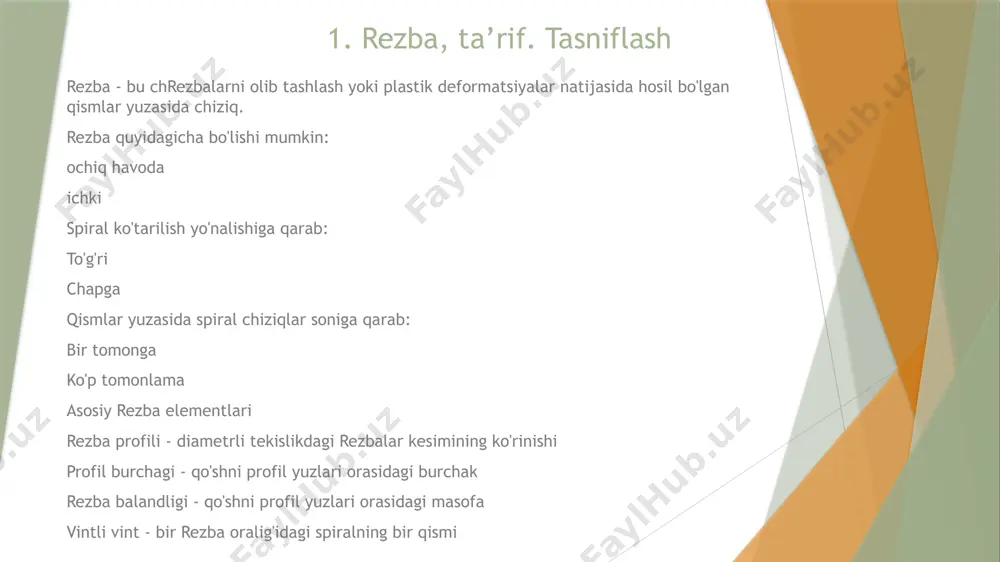 h harakatini mlm ga aylantirish uchun mo'ljallangan harakatlanuvchilar. rezbali ulanishlardagi nuqsonlar. rezbali ulanishlarda, vintlardek va yong'oqlarning etarli darajada tortilmaganligi, ayniqsa ish paytida katta yoki o'zgaruvchan yuklarni qabul qiladigan ulanishlarda ortib borayotgan aşınma sodir bo'ladi. ushbu yuklarning birgalikdagi ta'siri ostida murvat va vintlar cho'ziladi, ipning qadami va uning profili buziladi va yong'oqlar ushlana boshlaydi. ulanish qismlarining buzilishi va baxtsiz hodisalari sodir bo'ladi. rezbali ulanishlar qismlariga texnik talablar mashinalarning normal ishlashini ta'minlash uchun rezbali ulanishlar qismlari quyidagi talablarga javob berishi kerak: 1. rezbali qismlarning uchlarida chandiqlar bo'lishi kerak; 2. murvatlar, vintlardek, tirgaklar to'g'ri bo'lishi kerak; 3. gaykaning qo'llab-quvvatlovchi tekisliklari, murvat boshlari ipning o'qiga perpendikulyar bo'lishi kerak; 4. yong'oqning chetlari, murvat boshlari, vintlar, qisqichlar, kalitlar va tornavidalar uchun teshiklar g'ijimlanmasligi kerak; 5. yuvgichlar, pinlar, murvatlar, yong'oqlarda yoriqlar bo'lmasligi kerak; 6. gaykani vidalagandan so'ng, murvat yoki tirgakning rezbali uchi 2-3 burilishdan ko'p bo'lmagan holda tashqariga chiqishi kerak; 7. qismlarni bir nechta murvat, yong'oq, vintlar …