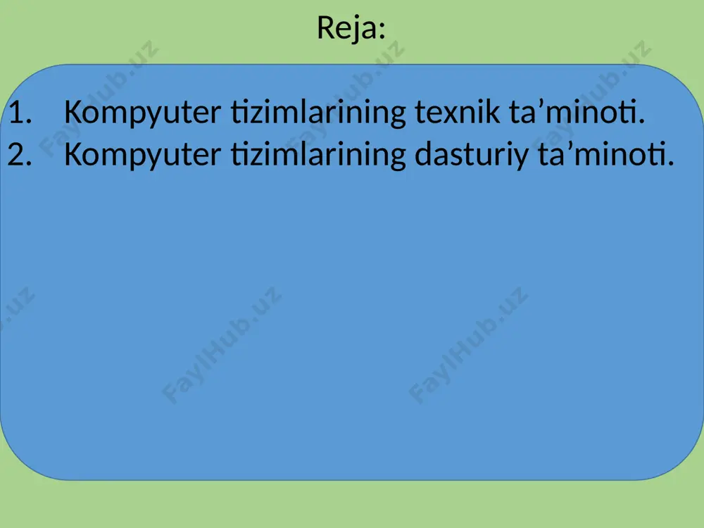 oshqa-rish uchun mo'ljallangan mikrosxemalar. o videokontroller - kompyuterda video tasvirni shakllantiruvchi mikrosxemalar. o ovoz kontrolleri - ovozni qayta ishlashga imkon beradigan mikrosxema. elektr ta'minoti blogi - kompyuter tizimlari uchun quvvat beruvchi qurilma. qattiq disk (vinchester) - magnitli yozib olish printsipiga asoslangan xotira qurilmasi. cd-rom turidagi optik qurilma. klaviatura - qurilmani boshqarish yoki ma'lumotlarni kiritish uchun ma'lum tartibda tashkil etilgan tugmalar to'plami. sichqoncha- kursorni boshqarish va kompyuterga turli xil buyruqlar berish qurilmasi. trackball - kompyuter uchun ma'lumot kiritishni qo'lda boshqariluvchi moslama. tachpad- kursorni boshqarish va kompyuterga turli xil buyruqlar berish uchun mo'ljallangan kiritish moslamasi. kiritish sensorli panelning yuzasiga barmoqlarni tekkizish orqali amalga oshiriladi. grafik planshet (digitayzer) - ma'lumotni kompyuterga qo'lda kiritish qurilmasi. u qalam va qalamga sezgir tekis planshetdan iborat. joystik - kompyuterga ma'lumot kiritish uchun mo'ljallangan qurilma. joystik tuzilishi: 1. dastak; 2. asos; 3. gashetka (ishga tushirish) 4. qo'shimcha tugmalar 5. avtomatik o't ochish tugmasi 6. gaz 7.mini-joystik (shlyapa tugmasi), …