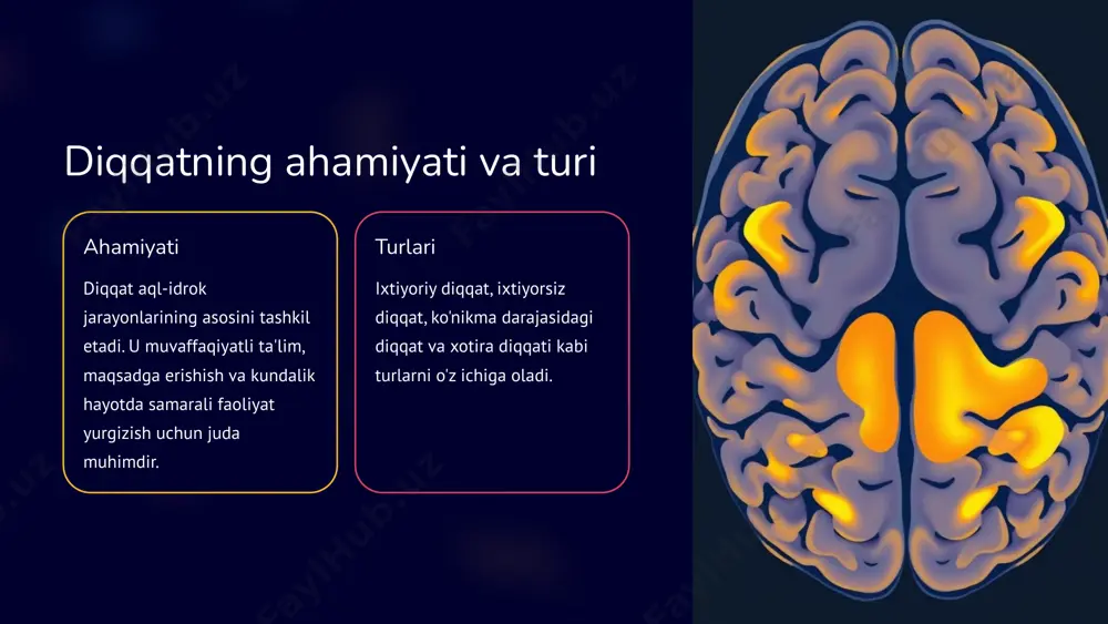 'tiborini qaratish qobilyatining pasayishi. 6 diqqatni rivojlantirish usullari o'qish diqqatni rivojlantirish uchun turli kitoblarni o'qish foydalidir. meditatsiya ongli diqqat mashqlari va meditatsiya yordamida diqqatni rivojlantirish mumkin. topshiriqlar diqqatni talab qiladigan mantiqiy topshiriqlar, bulmashaklar, fikrlash o'yinlari yordam beradi. 7 diqqatni mustahkamlash uchun tavsiyalar sabrlilik bir faoliyatni ma’lum bir vaqt davomida chalg’imasdan bajarish. ruhiy holat ijobiy ruhiy holat diqqatni mustahkamlashga yordam beradi. fizikaviy faollik muntazam sport va harakatlar diqqatni rivojlantirishga ijobiy ta'sir etadi. 8 diqqat va muvaffaqiyat o'rtasidagi bog'liqlik diqqatning roli muvaffaqiyatli hayotda diqqat muhim ahamiyat kasb etadi. u maqsadga erishish, yangi ko'nikmalarni egallash, muammolarni hal qilish uchun zarur. muvaffaqiyat e'tiborni oshiradi bir sohadagi muvaffaqiyat kishi diqqatining shu sohaga qaratilishini oshiradi. bu aylanma aloqa muvaffaqiyatni mustahkamlaydi. 9 xulosalar va amaliy tavsiyalar 1 asosiy xulosalar diqqat aql-idrok faoliyatining asosini tashkil etib, mustahkam xotira, moslashuvchan fikrlash, yuqori motivatsiya va muvaffaqiyatni ta'minlaydi. 2 amaliy tavsiyalar diqqatni rivojlantirish uchun muntazam mashqlar, idrok faolligini oshiruvchi mashg'ulotlar, ijobiy …