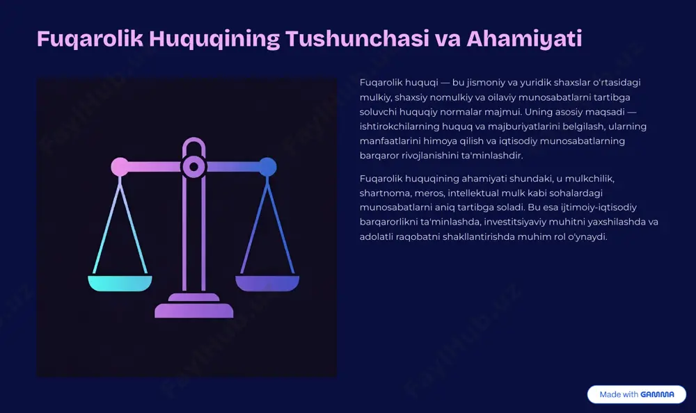 ining eng muhim manbai o'zbekiston respublikasining fuqarolik kodeksidir. ushbu kodeks fuqarolik-huquqiy munosabatlarni, shu jumladan mulk huquqini, shartnoma majburiyatlarini, meros huquqini, intellektual mulk huquqini va boshqa ko'plab masalalarni batafsil tartibga soladi. fuqarolik kodeksi 4 fuqarolik huquqining asosiy qonuniy manbai. mulkchilikning shakllari va turlari. shartnomalar va majburiyatlarning bajarilishi. meros huquqi va intellektual mulk. fuqarolik kodeksi jamiyatdagi barcha mulkiy va shaxsiy nomulkiy munosabatlarni huquqiy jihatdan tartibga solishda markaziy o'rin tutadi. uning normalari fuqarolar va yuridik shaxslar uchun aniq qoidalar belgilab beradi, bu esa huquqiy nizolarning oldini olish va ularni hal qilishda asos bo'ladi. https://gamma.app/?utm_source=made-with-gamma prezident farmonlari va qarorlari huquqiy ta'sir prezident farmonlari va qarorlari ijtimoiy-iqtisodiy sohadagi muhim islohotlarni amalga oshirishda fuqarolik huquqining ayrim normalariga aniqlik kiritadi yoki yangi normalarni joriy etadi. iqtisodiy islohotlar mulkchilik, tadbirkorlik, investitsiyalar va boshqa sohalardagi munosabatlarni tartibga soluvchi hujjatlar fuqarolik huquqi amaliyotiga bevosita ta'sir ko'rsatadi. o'zbekiston respublikasi prezidentining farmonlari va qarorlari mamlakatda amalga oshirilayotgan keng ko'lamli islohotlarning huquqiy asosini …