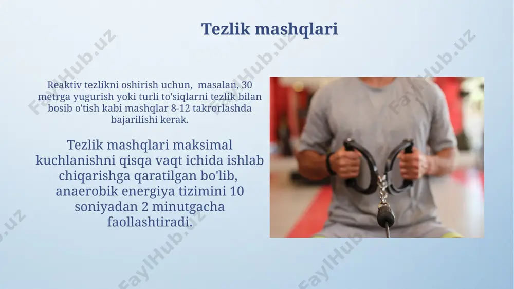 dan ortiq haftada o'rtacha intensivlikdagi mashqlar tavsiya etiladi. mashqlarning intensivligi past intensiv mashqlar esa yurak urish tezligini 50-60% ga ko'tarishi, uzoq vaqt davom etadigan jismoniy faoliyatni ta'minlashi mumkin va tiklanish jarayonini tezlashtiradi. mashqlar intensivligi yurak urish tezligini 130-150 urish/daqiqaga yetkazishi va maksimal nafas olish hajmining 60-75% ini talab qilishi mumkin, bu o'rtacha intensivlik hisoblanadi. mashqlarning og'irligi og'irlikni asta-sekin oshirish, ya'ni har 1-2 hafta davomida 2,5-5 kg ga ko'paytirish, jarohatlarni oldini olish va progressiv ortishiga yordam beradi. mashqlarning og'irligi individual salomatlik holatiga va jismoniy tayyorgarlik darajasiga bog'liq bo'lib, boshlang'ich bosqichda 30-50% maksimal kuch bilan bajarilishi tavsiya etiladi. e'tiboringiz uchun rahmat @taqdimot_robot image4.png image5.jpg image6.jpg image7.jpg image8.jpg image9.jpg image10.jpg image11.jpg image12.jpg image13.jpg image14.jpg image15.jpg image16.jpg image17.jpg image18.jpg image19.jpg image20.jpg image21.jpg image3.jpeg