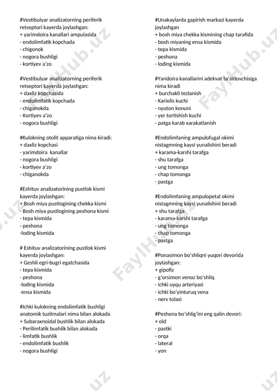 kda - kortiyev a’zo - nogora bushligi #kulokning otolit apparatiga nima kiradi: + daxliz kopchasi - yarimdoira kanallar - nogora bushligi - kortiyev a’zo - chiganokda #eshituv analizatorining pustlok kismi kayerda joylashgan: + bosh miya pustlogining chekka kismi - bosh miya pustlogining peshona kismi - tepa kismida - peshona -loding kismida # eshituv analizatorining pustlok kismi kayerda joylashgan: + geshli egri-bugri egatchasida - tepa kismida - peshona -loding kismida -ensa kismida #ichki kulokning endolimfatik bushligi anatomik tuzilmalari nima bilan alokada + subaraxnoidal bushlik bilan alokada - perilimfatik bushlik bilan alokada - limfatik bushlik - endolimfatik bushlik - nogora bushligi #unakaylarda gapirish markazi kayerda joylashgan + bosh miya chekka kismining chap tarafida - bosh miyaning ensa kismida - tepa kismida - peshona - loding kismida #yaridoira kanallarini adekvat ta’sirlovchisiga nima kiradi + burchakli tezlanish - kariolis kuchi - nyuton konuni - yer tortishish kuchi - patga karab xarakatlanish #endolimfaning ampulofugal okimi …