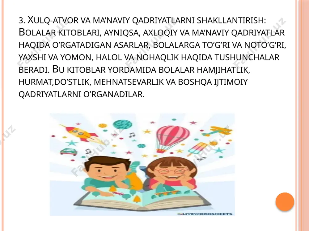 i har bir bola o‘z shaxsiyat va dunyoqarashga ega. shaxs kamoloti va uning taraqqiy etishida psixologiyaning o‘rni beqiyosdir. shuning uchun ham bolalarni kitob o‘qishga qiziqtirishda eng asosiy omil hisoblanadi. 18 hozirgi zamon tarbiyachisi ijtimoiy-kasbiy vazifalarini bajarish uchun yuksak ma’naviy xislatlarga ega bo‘lishi, umumiy va kasb madaniyati, ziyoliligi, axloqiy pokligi, faolligi, shaxsiy hissiyotlarga berilmasligi, ijodiy tasavvur egasi, psixik jihatdan sog‘lom, davlatimiz fuqarosi sifatida ma’suliyatni his eta bilishi lozim. tarbiyachilik kasbiga xos psixik holatlar va xarakter maktabgacha yoshdagi bolalar psixikasining o‘ziga xos xususiyatlarini tarbiyalashning psixik asoslari va qonuniyatlari haqida bilim, ko‘nikma va malakalar berishdan va ularni kasbiy faoliyatga tatbiq etishdan iborat agar tarbiyachi kitobni ovozli o‘qib ularning diqqatini o‘qilgan narsaga tartib tushuntirib bersa, bolalar uni eslab qoladilar. bu yoshdagi bolalar o‘yin orqali voqea va hodisalarni, kishilarning xarakteri va munosabatlarini bilib oladilar ko‘rgan eshitgan, o‘qigan narsalardagi holatlarni, kishilarni, hayvonlarni “yaxshi” va “yomon”ga ajratadilar va ularga o‘z munosabatlarini bildiradilar. bu yoshdagi bolalarni o‘zlarini o‘rab …