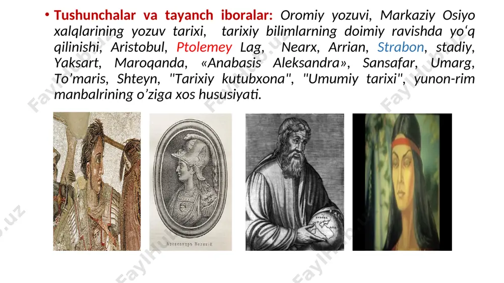 nlar degan xulosaga keldi. tabariy ham buni so‘g‘d lashkarboshilari va hokimlari turk bo‘lganligi bilan tasdiqlaydi. o‘rta osiyo davlatlari taraqqiyotiga nazar tashlasak, doimiy bosqinchilik yurishlari natijasida davlatlar ko‘p bora o‘zgarib, yangilari paydo bo‘lib turgan. shu bilan bog‘liq ravishda tarixiy bilimlar ham doimiy ravishda yo‘q qilingan. hokimiyatga kelgan yangi davlat rahbari ko‘p hollarda eski davlat tarixi bilan bog‘liq tarixiy, diniy, ilmiy asarlarni, ko‘pincha yo‘q qilgan. masalan, ”avesto”ning katta qismi aleksadr makedonskiy tomonidan yo‘q qilingan. bunday salbiy, noxush voqealar yurtimiz tarixida ko‘p bo‘lganligi uchun tarixiy bilimlar taraqqiyotiga salbiy ta’sir ko‘rsatadi. o‘rta osiyo xalqlari ba’zi davrlarda hindiston va xitoy bilan bir davlat bo‘lib yashagan. miloddan avvalgi ii asrda yashagan xan saroyi elchisi chjan-syan asarlari, epigrafik yodgorliklar va arxeologik qazuv natijalari bunga guvohlik beradi. bu ishlar o‘sha zamonlardagi madaniy hayot muammolari, ishlab chiqarish kuchlari, tarixiy toponomika, tarixiy jo‘g‘rofiya, iqtisodiy aloqalar, xalqimiz etnogenezi to‘g‘risida muhim ma’lumotlar beradi. yunon-makedon bosqini va ularga qarshi kurashning tarixiy adabiyotlarda yoritilishi. …