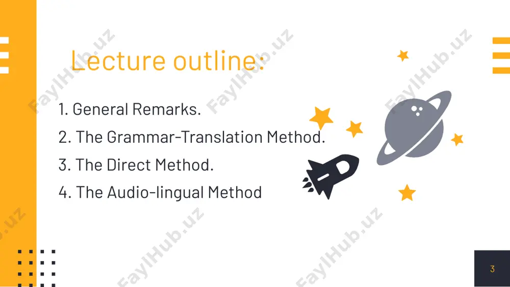 ed in the teaching of the classical languages, latin and greek. this method was used for the purpose of helping students read and appreciate foreign language literature. 16 the grammar-translation method through the study of the grammar of the target language, students would become more familiar with the grammar of their native language and that this familiarity with the grammar of their native language will help them understand their language better. finally, it was thought that foreign language learning would help students grow intellectually. 17 the grammar-translation method principles learning a foreign language is to be able to read literature written in it. literary language is superior to spoken language. if students can translate from one language into another, they are considered successful language learners. the ability to communicate in the target language is not a goal of foreign language instruction. 18 the grammar-translation method principles the primary skills to …