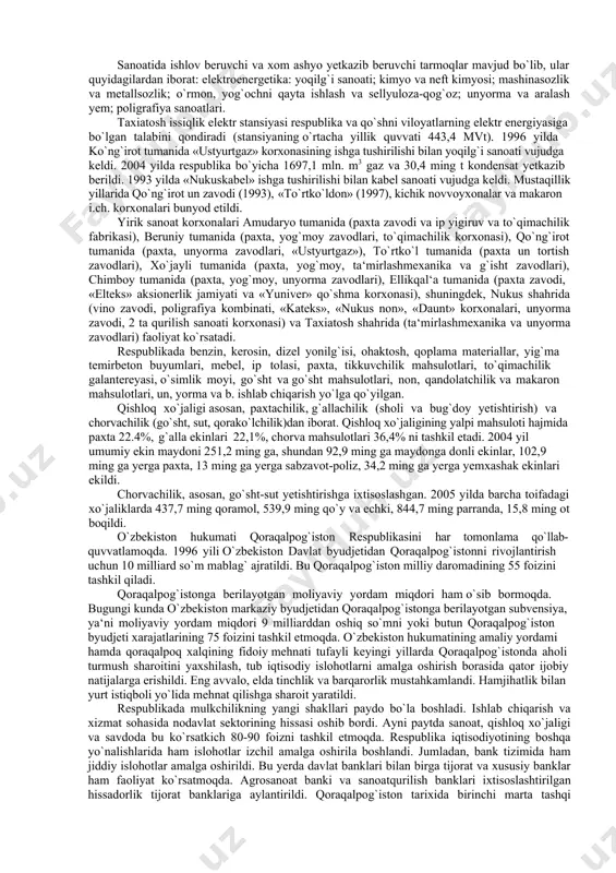 respublikasi fuqarosi hisoblanadi. bu qoraqalpoq xalqiga o`zbekiston xalqlarining barcha huquqlaridan foydalanish imkonini beradi. ularning haq-huquqlari va erkinliklarini kafolatlaydi. qoraqalpog`iston respublikasi taraqqiyoti uchun qator huquqiy imkoniyatlar yaratildi. masalan, o`zbekiston respublikasi oliy majlisi va o`zbekiston respublikasi prezidenti huzurida qoraqalpog`iston respublikasining huquqiy vakilligi mavjud. o`zbekiston konstitutsiyasining 86-moddasida mustahkamlab qo`yilganidek, o‘zbekiston respublikasi oliy majlisi senati raisining o‘rinbosarlaridan biri qoraqalpog`iston respublikasining vakili bo‘ladi. o`zbekiston respublikasi konstitutsiyasining 98-moddasiga binoan qoraqalpog`iston respublikasi hukumati rahbari lavozimi bo`yicha o`zbekiston respublikasi vazirlar mahkamasi tarkibiga kiradi. 107-moddaga binoan esa o`zbekiston respublikasi konstitutsiyaviy sudi, oliy sudi, oliy xo`jalik sudi tarkibiga qoraqalpog`iston respublikasining xuddi shunday sud organlarining rahbarlari kiradi. sud hujjatlari o`zbek tili bilan birga qoraqalpoq tilida ham olib boriladi (115-modda). konstitutsiyaning 71-moddasida belgilab qo`yilganidek, qoraqalpog`iston respublikasi o`z konstitutsiyasiga ega bo`lmog`i kerak. ana shu huquqiy asosga ko`ra qoraqalpog`iston respublikasi oliy kengashi o`zining xii sessiyasida 1993 yil 9 aprelda qoraqalpog„iston respublikasi konstitutsiyasini qabul qildi. qoraqalpog`iston respublikasi konstitutsiyasi o`zbekiston respublikasi konstitutsiyasiga hech qanday mone‘lik qilmaydi, …