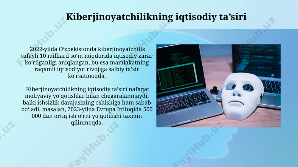 'zbekistonda kiberjinoyatchilikka qarshi kurashda sun'iy intellekt texnologiyalaridan foydalanish 30% ga oshdi, bu esa toshkent shahri kabi yirik shaharlardagi kiberhujumlar sonini sezilarli darajada kamaytirdi. o'zbekistonning kiberjinoyatchilikka qarshi milliy strategiyasi doirasida 5 yil ichida kiberxavfsizlik mutaxassislari sonini 2 barobarga oshirish va mamlakatning kiberinfrastrukturasini mustahkamlash rejalashtirilgan. e'tiboringiz uchun rahmat @taqdimot_robot image2.jpg image3.jpg image4.jpg image5.jpg image6.jpg image7.jpg image8.jpg image9.jpg image10.jpg image11.jpg image12.jpg image13.jpg image14.jpg image1.png
