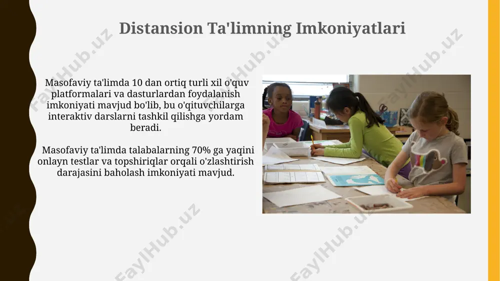derboards kabi elementlarni qo'llab, o'quvchilarning faolligini 40-50% ga oshirishi mumkin. o'yin texnologiyalari, o'quv jarayonini 30% ga qadar qiziqarli va samarali qilish imkonini beradi, bu esa o'quvchilarning bilim olish darajasini oshiradi va motivatsiyasini kuchaytiradi. hamkorlikdagi o'qitish hamkorlikdagi o'qitish, o'quvchilarning 70% gacha faol ishtirokini ta'minlab, mustaqil fikrlash va muammo yechish ko'nikmalarini rivojlantiradi. hamkorlikdagi o'qitish metodikasi, individual yondashuv bilan birgalikda, o'quv jarayonida o'quvchilarning 90% dan ortiq qoniqish darajasini ta'minlaydi. aktiv o'qitish metodlari "miya hujumi" kabi aktiv o'qitish texnikalari guruhdagi 5-7 kishining fikrlarini birlashtirib, muammo yechish va kreativ fikrlash ko'nikmalarini rivojlantiradi. aktiv o'qitish metodlari talabalarning 70% dan ortiq faol ishtirokini ta'minlab, an'anaviy usullarga nisbatan 2-3 baravar yuqori o'zlashtirish samaradorligini ko'rsatadi. e'tiboringiz uchun rahmat @taqdimot_robot image1.jpg image2.jpg image3.jpg image4.jpg image5.jpg image6.jpg image7.jpg image8.jpg image9.jpg image10.jpg image11.jpg image12.jpg