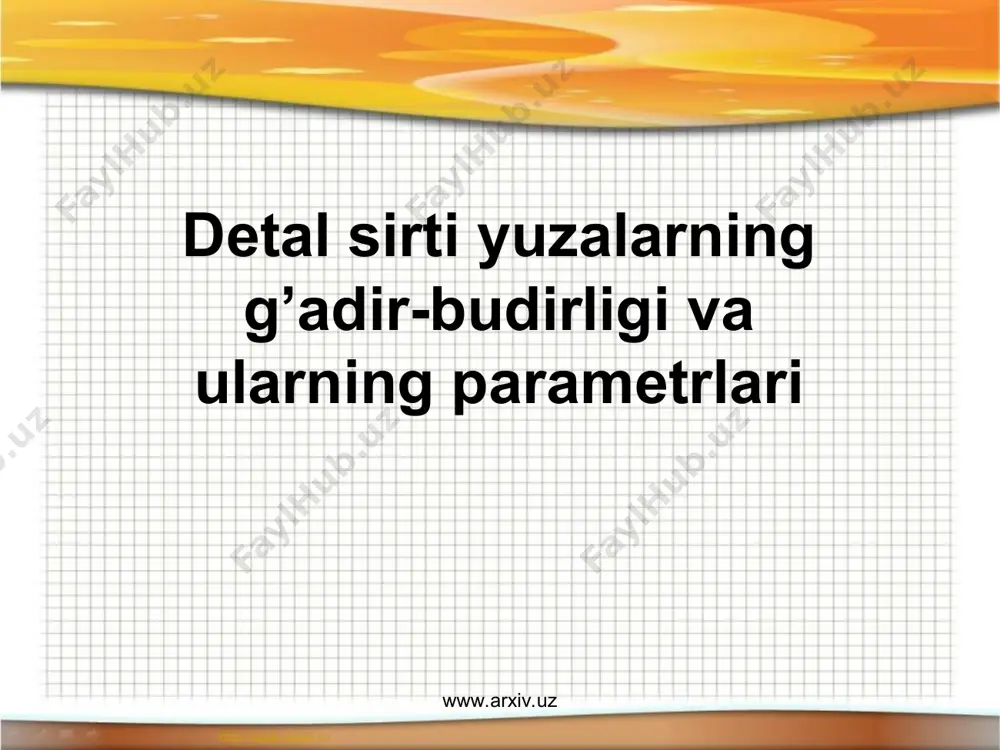 garasida profilning notekisliklari g’adir-budirliklari orasidagi profilning o`rta chizig’i bo`yicha ulchangan masofalarning o`rta qiymatiga notekisliklarning (g’adir-budirliklarning) o`rta qadami deb aytiladi va (sm) bilan belgilanadi. g’adir-budirliklarning xar biri orasidagi (maxalliy g’adir-budirliklar orasidagi) masofalarning o`rta qiymatiga mahalliy g’adir-budirliklarning o`rtacha qadami (s) deyiladi. www.arxiv.uz www.arxiv.uz tayanch yuzadan do’ngliklar chizig’i orasidagi masofaga rel yuza profilining kesimi darajasi (p) deb aytiladi. profilning nisbiy tayanch uzunligi (tp) profilning tayanch uzunligini baza uzunligiga nisbati bilan aniqlanadi baza uzunligi chegarasida profilning do’ngliklar chizig’i bilan botiqliklar chizig’i orasidagi masofa, profilning eng katta balandligi (rmax) deb aytiladi. baza uzunligi chegarasida profilning o`rta chizig’iga parallel qilib olingan ixtiyoriy ab chiziqdan o’lchangan profilning beshta eng katta do’ngligi va beshta eng katta botiqliklarining o`rta absalyut qiymatlari yigindisiga profilning o’nta nuqta bo`yicha notekisliklar g’adir-budirlik balandligi (rz) deyiladi www.arxiv.uz www.arxiv.uz bu erda hi max- profilning eng katta do’ngligining balandligi, hi max- profilning eng katta botiqligining chuqurligi. baza uzunligi chegarasida profilning chetga chiqishini o`rta arifmetik absalyut qiymatiga …