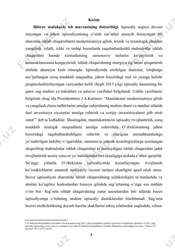 ridan hisoblanadi. sug’urta bozori mulkchilikning deyarli barcha shakllarini tabiiy ofatlardan saqlashda, xilma-xil falokatlar natijasida odamlarga yetkazilgan zararlarni qoplashda moddiy jihatdan yordam beradi. [1: o’zbekiston respublikasi prezidenti islom karimovning 2012 yilda respublikani ijtimoiy-iqtisodiy rivojlantirish yakunlari va 2013 yilgi iqtisodiy dasturning asosiy ustuvor vazifalari to’g’risida o’zbekiston respublikasi vazirlar mahkamasi majlisidagi ma’ruzasi. “xalq so’zi” gazetasi, 2013 yil 22 yanvar ] bitiruv malakaviy ishning ob’ekti bo’lib milliy sug’urta bozorida faoliyat ko’rsatuvchi sug’urta kompaniyalarining sug’urtaviy faoliyati hisoblanadi. bitiruv malakaviy ishning predmeti - milliy sug’urta kompaniyalarining sug’urta operatsiyalari jarayoni. bitiruv malakaviy ishning maqsadi – sug’urta operatsiyalarini to’g’ri tashkil etish hamda ularning samarali amalga oshishini ta’minlash yuzasidan sug’urta mahsulotlarini ishlab chiqish va sotishning nazariy hamda amaliy jihatlarini o’rganish, tahlil qilish, ushbu faoliyatni amalga oshirishning huquqiy asoslarini o’rganish, sug’urta operatsiyalarining samarali kechishida sug’urtalovchi va mijoz o’rtasidagi munosabatlarni tartibga solish va sug’urta da’volarini ijobiy tomonga hal etish, shuningdek ushbu faoliyatni takomillashtirish borasida amaliy taklif va tavsiyalar ishlab chiqishdir. bitiruv …