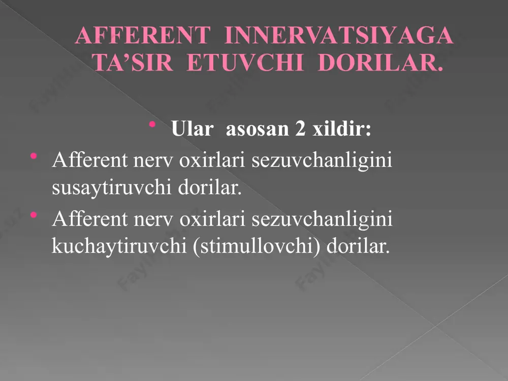 i o’zgartirmaydi. qo`llanilishi: оftakmologiyada: kon’yunktiva bo‘shlig‘iga 0,25-2% eritmadan 2-3 tomchi; otorinolaringologiyada: 0,5%-1% eritmadan 2-3 ml shakli: kukun; 0,25-2% eritma saqlovchi flakon, dikainli ko‘z plyonkalari anestezin uning asosli xususiyati yetarlicha bo’lmaganligi uchun kislotalar bilan yaxshi eruvchi tuz xosil qilmaydi. shuning uchun uni faqat jaroxatlangan teri ustiga kukun, surtma, pasta xolida ishlatish mumkin yoki miyada ogriqlarida tabletka, suspenziya, kukun ko’rinishida qo’llaniladi. anestezinni to`gri ichakka kiritish mumkin. bu xollarning xammasida ham anestezin ta’sirida yuza anesteziyasi rivojlanadi. qo`llanishi: 0,3 g ichishga; rektal 0,05-0,1 g shamcha; shilliq qavatlarga 5-20% moyli eritma, teriga 5-10% surtma va sepki shakli: kukun; 0,3 tabletka; 5% surtma novokain novokain (novocainum). paraminobenzoy kislotasining ҳosilasi bo'lib mahalliy anesteziyada ishlatiladigan vosita sifatida eng ahamiyatlisidir. u kokaindan 4 marta zaharsiz. yetarli faollikka ega bo'lgan anesteziya kuchiga ega, lekin boshqa preparatlardan kuchsizroq. tomirlarni toraytirmaydi va shu sababdan tez so'riladi, xatto kokaindan ham tezroq so'riladi. shu sababli novokain eritmasiga adrenalin qo'shiladi. novokain kokainga nisbatan jigarda tezroq …