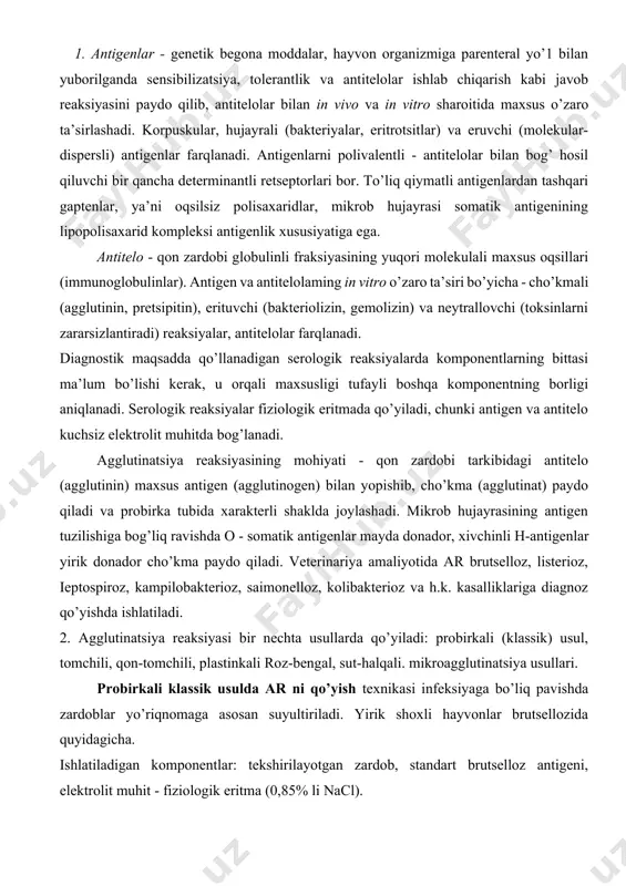 riga diagnoz qo’yishda ishlatiladi. 2. agglutinatsiya reaksiyasi bir nechta usullarda qo’yiladi: probirkali (klassik) usul, tomchili, qon-tomchili, plastinkali roz-bengal, sut-halqali. mikroagglutinatsiya usullari. probirkali klassik usulda ar ni qo’yish texnikasi infeksiyaga bo’liq pavishda zardoblar yo’riqnomaga asosan suyultiriladi. yirik shoxli hayvonlar brutsellozida quyidagicha. ishlatiladigan komponentlar: tekshirilayotgan zardob, standart brutselloz antigeni, elektrolit muhit - fiziologik eritma (0,85% li nacl). y.sh.h. zardobi 1:50,1:100, 1:200, 1:400 nisbatda suyultiriladi. shtativga birinchi qatorga 5 ta probirka terib, raqamlanadi. birinchisida asosiy suyultirish nisbati 1:25 tayyorlanadi: 0,1 ml zardob+2,4 ml fiziologik eritma. qolgan to’rtta probirkalarga bir xilda 1 ml dan fiziologik eritma quyiladi. keyin maxsus pipetkada ketma-ket suyultiriladi - asosiy eritmadan 1 ml ikkinchisiga, undan uchinchi va oxirgi probirkadan dezinfiksiyalovchi eritmali idishga quyiladi. ikkinchidan boshlab hamma probirkalarga bir xilda 0,05 ml dan antigen quyiladi (1 ml da 10 mlrd mikrob hisobidan). komponentlarning umumiy hajmi 1 ml bo’ladi. har bir komponent uchun alohida pipetka ishlatiladi. probirkalar yaxshilab silkitib aralashtiriladi va 37 …