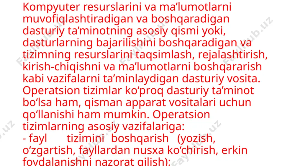 i bilan farq qiladi. meinfreymlar kuchli veb-serverlar, yirik onlayn-doʻkonlar uchun serverlar va korxonalararo tranzaktsiyalar uchun serverlar sifatida ishlatiladi. meinfreymlar uchun operatsion tizimlar birinchi navbatda, bir vaqtning oʻzida koʻplab amallarni qayta ishlashga qaratilgan boʻlib, ularning aksariyati juda katta hajmdagi kiritish-chiqarish maʼlumotlari (i/o)ni talab qiladi. meinfreymlar uchun operatsion tizimlarning uch turi mavjud: - toʻplamni qayta ishlash; - vaqtni taqsimlash va koʻp vazifalarni bajarish; - toʻla taqsimlash toʻplamni qayta ishlash toʻplamni qayta ishlovchi operatsion tizim deganda foydalanuvchi ishlari kirish qurilmalarida ketma-ket partiyalar sifatida qayta ishlash uchun taqdim etiladigan va qayta ishlash jarayonida foydalanuvchi va uning ishi oʻrtasida hech qanday oʻzaro taʼsir boʻlmagan tizim tushuniladi. partiya rejimi kompyuterning periferik uskunasiga maksimal yuklanishdan foydalanadi. vaqtni taqsimlash va koʻp vazifalarni bajarish vaqtni taqsimlash bir nechta masofaviy foydalanuvchilarga bir vaqtning oʻzida kompyuterda oʻz ishlarini bajarishga imkon beradi, masalan, katta maʼlumotlar bazasiga soʻrovlar yuborishda qoʻl keladi. bu funksiyalarning barchasi bir-biri bilan chambarchas bogʻliq va koʻpincha universal mashinalarning operatsion …