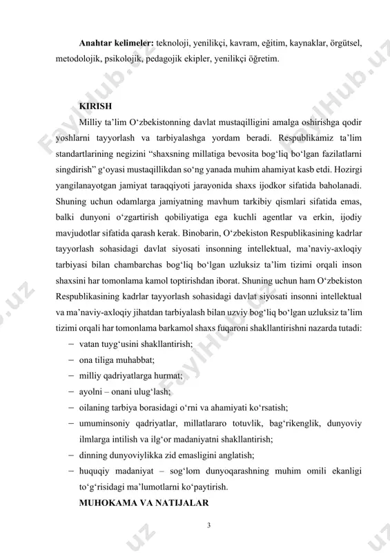 oshirishga qodir yoshlarni tayyorlash va tarbiyalashga yordam beradi. respublikamiz ta’lim standartlarining negizini “shaxsning millatiga bevosita bog‘liq bo‘lgan fazilatlarni singdirish” g‘oyasi mustaqillikdan so‘ng yanada muhim ahamiyat kasb etdi. hozirgi yangilanayotgan jamiyat taraqqiyoti jarayonida shaxs ijodkor sifatida baholanadi. shuning uchun odamlarga jamiyatning mavhum tarkibiy qismlari sifatida emas, balki dunyoni o‘zgartirish qobiliyatiga ega kuchli agentlar va erkin, ijodiy mavjudotlar sifatida qarash kerak. binobarin, o‘zbekiston respublikasining kadrlar tayyorlash sohasidagi davlat siyosati insonning intellektual, ma’naviy-axloqiy tarbiyasi bilan chambarchas bog‘liq bo‘lgan uzluksiz ta’lim tizimi orqali inson shaxsini har tomonlama kamol toptirishdan iborat. shuning uchun ham o‘zbekiston respublikasining kadrlar tayyorlash sohasidagi davlat siyosati insonni intellektual va ma’naviy-axloqiy jihatdan tarbiyalash bilan uzviy bog‘liq bo‘lgan uzluksiz ta’lim tizimi orqali har tomonlama barkamol shaxs fuqaroni shakllantirishni nazarda tutadi: · vatan tuyg‘usini shakllantirish; · ona tiliga muhabbat; · milliy qadriyatlarga hurmat; · ayolni – onani ulug‘lash; · oilaning tarbiya borasidagi o‘rni va ahamiyati ko‘rsatish; · umuminsoniy qadriyatlar, millatlararo totuvlik, bag‘rikenglik, dunyoviy …