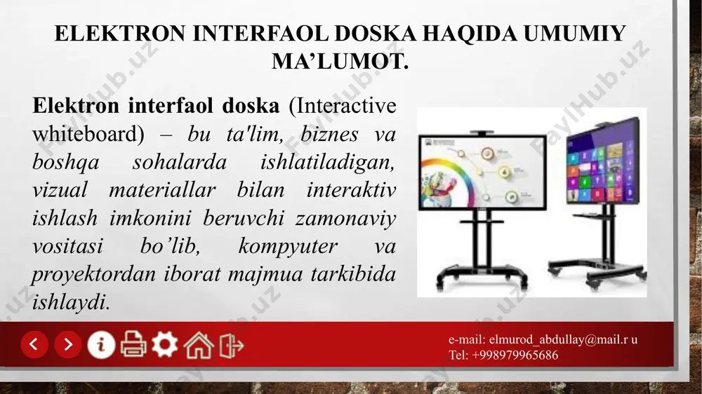 ordamida ishlaydi elektron interaktiv doskalar qanday ishlaydi? interaktiv doskalar odatda katta sensorli ekrandan iborat bo‘lib, u kompyuter yoki boshqa qurilmalarga ulanadi. ba'zida esa proyektor yordamida tasvir doskaga proyeksiyalanadi. doskaga teginish yoki maxsus ruchkalar yordamida yozish orqali materiallar bilan ishlash, ob'ektlarni ko'chirish, rang berish, yozuvlarni o'chirish va o'zgartirish mumkin. dasturiy ta'minoti orqali esa doskada grafiklar, matn, video va boshqa ma'lumotlarni ko‘rsatish va boshqarish osonlashadi. e-mail: elmurod_abdullay@mail.r u tel: +998979965686 e-mail: elmurod_abdullay@mail.r u tel: +998979965686 interaktiv doskalar bir nechta texnologiyalarga asoslangan holda ishlab chiqiladi: sensorli interfaol doskalarda rezistiv matrisa – yani interfaol doskaning plastik yuzasiga mantaj qilingan juda ham ingichka simlardan to’qilgan va qatlamlari orasida havo bo’shlig’i mavjud bo’lgan ikki qatlamli sim to’r ishlatiladi maskur interfaol elektron doskalarda marker (stilus) xolatini aniqlash uchun infraqizil yoki ulrtatovushli dachiklardan foydalaniladi elektromagnit interfaol doskalarda elektromagnit to’lqinlarining izalyatsion materiallari orasida o’tish xususiyatiga asoslangan texnologiyalardan foydalanilgan. bunday interfaol doska yuzasiga maxsus tarzda mikro nuqtalardan tarkib topgan, ko’zga …