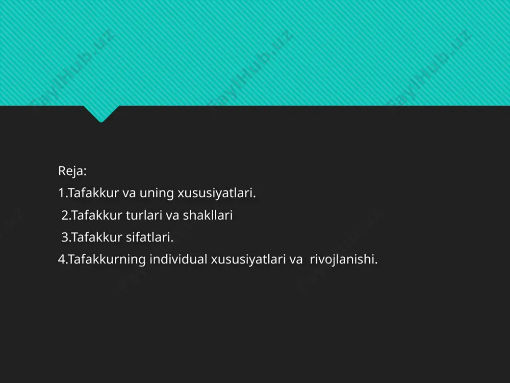 ng emas, balki, o‘tmish avlodlarining ham tajribasini qayta ishlab chiqish natijasidir. bu tajriba til yordamida og‘zaki va yozma nutqda (o‘qituvchilar ma’ruzalarida, kitob, darsliklarda va h.k.) ifodalangan. shuning uchun tafakkur ko‘plab odamlar bilimlarini umumlashtiradi. tafakkur jarayonida inson amaliy faoliyat, obrazlar va tasavvurlar, modellar, chizmalar, belgilar, til kabi jismli va ijtimoiy olamning ahamiyatli aloqa va munosabatlariga kirib borish maqsadida, insoniyat tomonidan ishlab chiqilgan turli xildagi vositalardan foydalanadi. tafakkurning ikki darajasi mavjud: fahm-farosat – abstraksiyalardan foydalanish o‘zgarmas chizmalar, namunalar chegarasida sodir bo‘ladigan oddiy tafakkur, sog‘lom fikr, tafakkurning boshlang‘ich darajasi, uning mantiqiy mazmunini emas, balki, ibora va dalillar tuzilishini o‘rganadi, bu aniq, izchilliklik bilan mulohaza yuritish, fikrlarni to‘g‘ri tuzish, dalillarni qat’iy tizimlashtirish, tasniflash layoqati; aql (dialektik tafakkur) – abstraksiyalarni ijodiy qo‘llash va ular tabiatini ongli tadqiq etish xususiyatiga ega bo‘lgan nazariy bilishning oliy darajasi, aql yordamida inson narsalar mohiyati, ularning qonunlari va qarama-qarshiliklarini anglab etadi. tafakkur, odatda, nazariy va amaliy tafakkurlarga bo‘linadi. nazariy tafakkurda …