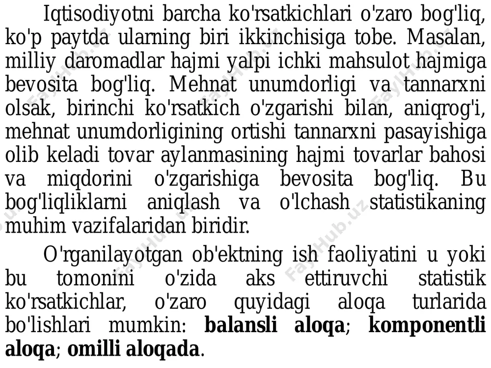 t aloqani ko'rsatib qolmasdan, balki muhim amaliy ahamiyatga ham ega, ya'ni uning yordamida savdo korxonalari har bir tovar yoki tovar guruhi bo'yicha talabning o'zgarib borishini o'rganib borishlari mumkin, ikkinchidan har bir tovar yoki tovar guruhi bo'yicha sotilgan tovarlarning miqdoriy hisob- kitobi olib boriladi. aholida tovarlar sotilishining hisob-kitobi savdoda xarajat talabchanligini o'rganishda juda muhim ma'lumotdir. ko'rsatkichlarning komponentli aloqasi ko'paytuvchi shaklida ko'rsatkichga kirgan alohida komponentlarning o'zgarishi natijasida statistik ko'rsatkichning o'zgarishini ifodalaydi. bu aloqa turiga, biz 8-mavzuda ko'rib chiqilgan o'zaro bog'liq indekslarni kiritishimiz mumkin. masalan, haqiqiy baholardagi tovar oboroti indeksi baho va tovarlar fizik hajmi indeksi ko'paytmasiga teng. ipq=ip*iq bu metodning muhim amaliy ahamiyati shundaki, umumiy ko'rsatkichda noma'lum bo'lgan komponentni miqdorini ham aniqlash mumkin. masalan, tovarlar fizik hajmi umumiy indeksini hisoblash uchun haqiqiy baholardagi tovar oboroti indeksini baho indeksiga nisbati olinadi. omilli aloqada ikki belgi: omil va natijaviy belgi qatnashadi va bu aloqa turi faqat variatsion qatorlarda uchrashi mumkin. o'z xarakteri bo'yicha aloqani …