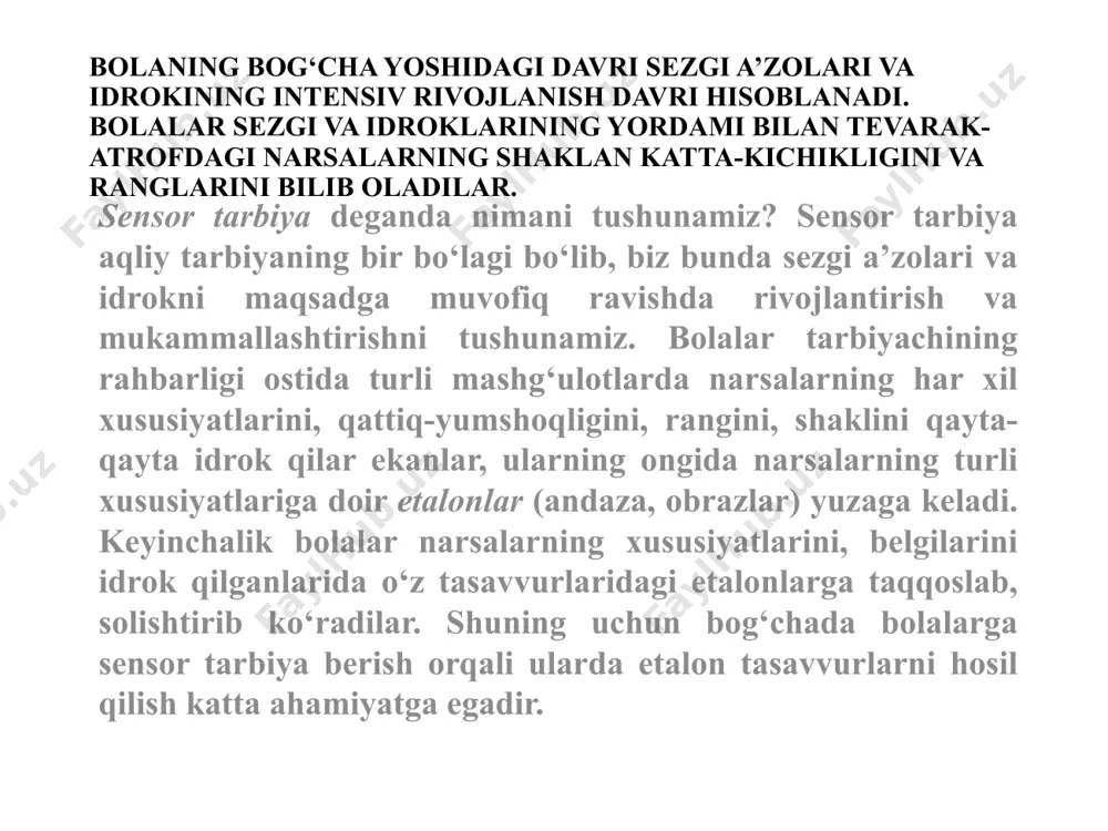 atlanadigan bo‘ladilar. bolaning ko‘rish sezgisi bog‘cha yoshigacha bo‘lgan davrda juda tez takomillashadi. shuning uchun bolaning ko‘zi katta yoshdagi odamlar ko‘ziga nisbatan uzoqni ko‘ra oladi. agarda bolaning ko‘zi biron kasallikka uchramay, normal va sog‘lom taraqqiy etsa, ko‘rish o‘tkirligi katta yosh­dagi odamlarnikiga nisbatan ikki-uch barobar ortiq bo‘ladi.bog‘cha yoshidagi bolalar sezgisini o‘stirishda tarbiyachi­ning roli juda kattadir. tarbiyachi turli qiziqarli mashg‘ulotlar orqali bolalar sezgi a’zolarining sezgirlik darajasini o‘stirishga yordam berishi kerak. masalan, bolalarda uzoqdagi narsalarning farqini ajrata olish sezgirligini takomillashtirish uchuma’lum uzoqlikka qo‘yib, farqini ajrata olish o‘yinini o‘tkazish mumkin. bunda bolalarning ko‘rish sezgirliklari darajasiga qarab, kubiklar qo‘yilgan masofalarni n rangli va har xil kattalikdagi qutichalar yo­ki kubiklarni ayrim bolalarga nisbatan uzoqlashtirish va boshqa bolalarga nisbatan esa yaqinlashtirish mumkin. bolalar yorqin (juda yaltiroq) ranglarni yoqtiradilar. yorqin ranglar ularga qandaydir zavq bag‘ishlaydi.bola ranglarni hali bir-biridan yaxshi farqlay olmaydi. unga ranglarning farqini bilishga yordam qiladigan o‘yinchoqlar berish lozim. bolalar rasmli kitobchalar va o‘yinchoqlar bilan shug‘ullanganlarida ularni ko‘zlariga …
