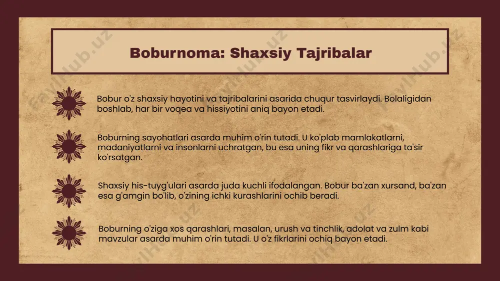 asari zahiriddin muhammad bobur tomonidan yozilgan. u o'zining hayoti, faoliyati, va davrining muhim voqealarini o'z ichiga oladi. asar, shuningdek, uning shaxsiy tajribalarini ham aks ettiradi. boburning shaxsiy tajribalari va tarixiy voqealar, uning xarakterini shakllantirishda muhim rol o'ynagan. bu voqealar, uning dastlabki yillarida, o'zining o'zgaruvchan muhitida qanday o'sganini ko'rsatadi. boburnoma o'zbek tarixi va madaniyatiga salmoqli ta'sir ko'rsatdi. u o'z zamonining adabiyati va madaniyati uchun asos bo'lib xizmat qildi. bugungi kunda boburnoma ilmiy tadqiqotlar uchun muhim manba sifatida e'tirof etilmoqda. asarning zamonaviy davrdagi ta'siri va ahamiyati, uni o'rganishning ahamiyatini oshiradi. foydalanilgan adabiyotlar 1. abdullaev, a. boburnoma: asarning tarixi va mazmuni. o'zbekiston milliy universiteti, 2020 2. jumaniyazov, t. bobur va uning davri: tarixiy ahmiyati. sharq yozuvlari, 2019 3. murodov, a. boburnoma: madaniyat va san'atga ta'siri. o'zbek adabiyoti va madaniyati, 2021 4. rasulov, z. boburnoma: tarixiy voqealar va shaxsiy tajribalar. o'zbekiston tarixi, 2022 5. toshpulatov, b. bobur va o'zbek tarixiga ta'siri. o'zbekiston davlat universiteti, …