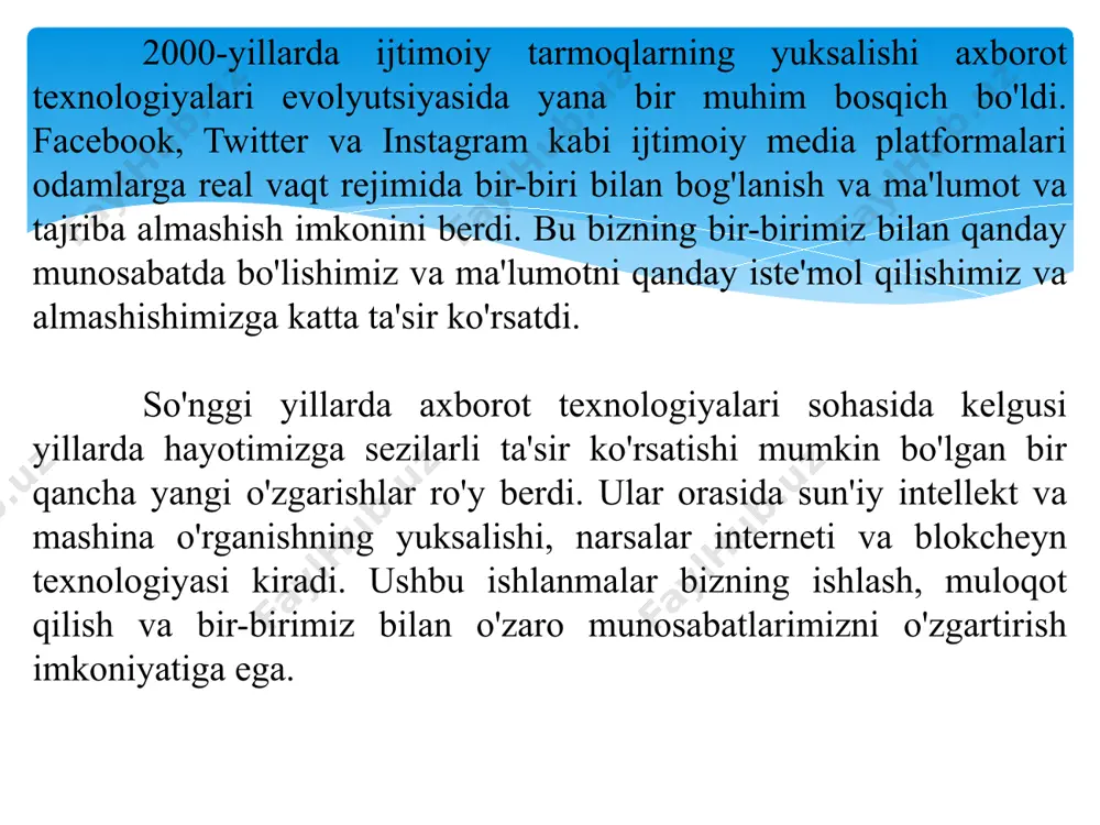 da real vaqtda ovozli aloqa qilish imkonini berdi. elektromexanik bosqich-axborot texnologiyalari rivojlanishining elektromexanik bosqichi 1930-1950 yillar oralig'ida sodir bo'ldi.u hisob-kitoblarni amalga oshirish, ma'lumotlarni saqlash va uzatish, jarayonlarni avtomatlashtirish uchun elektr va elektronikadan foydalanish bilan tavsiflanadi. ushbu bosqichda bir nechta asosiy texnologiyalar, jumladan vakuum trubkasi, perfokarta va birinchi elektron raqamli kompyuterlar paydo bo'ldi. vakuum trubkasi dastlabki elektron qurilmalarning muhim tarkibiy qismi edi. u birinchi marta 1904 yilda ixtiro qilingan va radio va boshqa elektron qurilmalarda keng qo'llanilgan. vakuum trubkasi elektr signallarini kuchaytirish va almashtirish imkonini berdi, bu esa elektron raqamli kompyuterlarni ishlab chiqish imkonini berdi. birinchi elektron raqamli kompyuter atanasoff-berry kompyuteri 1930-yillarning oxiri va 1940-yillarning boshlarida ishlab chiqilgan va hisob-kitoblarni amalga oshirish uchun vakuum naychalaridan foydalanilgan. elektron bosqich-raqamli asr deb ham ataladigan axborot texnologiyalari rivojlanishining elektron bosqichi 1940-yillarning oxirida tranzistor ixtirosi bilan boshlandi. ushbu bosqichda ma'lumotlarni saqlash, qayta ishlash va uzatish elektromexanik hamkasblariga qaraganda ancha tez va samaraliroq bo'lgan elektron qurilmalar …