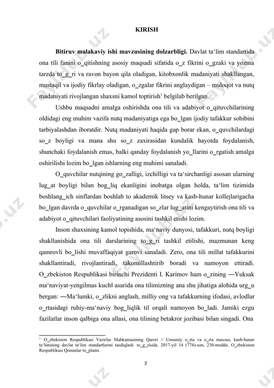 sida‖gi va ―kadrlar tayyorlash milliy dasturi to‗g‗risida‖gi o‗zbekiston respublikasi qonunlariga muvofiq, umumta‘lim fanlarini o‗qitishning uzluksizligi va izchilligini ta‘minlash, zamonaviy metodologiyasini yaratish, umumiy o‗rta va o‗rta maxsus, kasb-hunar ta‘limi davlat ta‘lim standratlarini kompetensiyaviy yondashuv asosida takomillashtirish, o‗quv-metodik majmualarning yangi avlodini ishlab chiqish va amaliyotga joriy etishni tashkil qilish zarurligi qayd etiladi. ―ta‘lim to‗g‗risida‖gi qonun va ―kadrlar tayyorlash milliy dasturi‖ning asosiy talablaridan biri ilg‗or pedagogik texnologiyalarni ta‘lim jarayoniga olib kirib, o‗quvchilarni mustaqil bilim olishga, erkin fikrlashga o‗rgatishdir. akademik litseyda o‗qitiladigan barcha fanlar qatori, ―hozirgi o‗zbek adabiy tili‖ fanidan o‗tkaziladigan mashg‗ulotlarni ham zamonaviy pedagogik texnologiyalardan foydalangan holda tashkil etish yaxshi samaralarni qo‗lga kiritishning kalitidir. shunday ekan, ―hozirgi o‗zbek adabiy tili‖ darslarida o‗quvchilarning yosh xususiyatlarini hisobga olgan holda, ta‘lim jarayoniga turli xil ilg‗or pedagogik texnologiyalarni tatbiq etish lozim. hayot sur‘atlari benihoya tezlashgan bugungi globallashuv davrida o‗quvchilarning ijodiy tafakkur qobiliyatini o‗stirish, fikr mahsulini nutq sharoitiga mos ravishda to‗g‗ri, ravon va mustaqil bayon qilish ko‗nikmasini shakllantirish, …