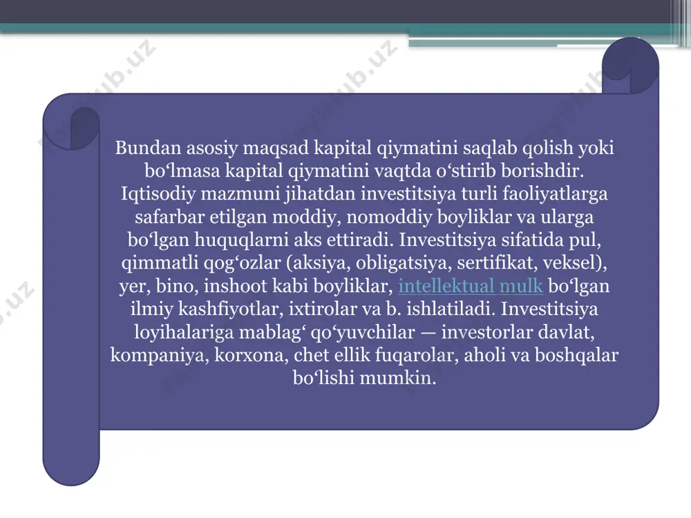 yudjeti va byudjetdan tashqari fondlar mablagʻlari hisobidan kapital qoʻyilmalar limitlari, chet el investitsiyalari va hukumat kafolati bilan olingan kreditlar hisobiga aniq qurilishlar dasturi, shuningdek, bevosita chet el investitsiya va kreditlari hisobiga qurilishlar dasturidan iborat boʻlgan davlat investitsiya dasturini qabul qiladi. respublika iqtisodiyotiga investitsiya kiritishda davlat byudjeti mablagʻlari, chet el investitsiyalari, korxonalarning oʻz mablagʻlari va aholi jamgʻarmalari qatnashmoqda. investitsiyalar va qimmatli qog'ozlar bozori qimmatli qogʻozlar - oʻz egasiga mulkka egalik huquqini va daromad koʻrinishida muayyan pul summasini olish huquqini beradigan pul yoki tovar hujjatlari (aksiya, obligatsiya, akkreditiv, veksel, chek va boshqalar). qimmatli qogʻozlar taqdim etuvchi yoki egasining ayrim huquqlari qayd etilgan maxsus tarzda rasmiylashtiriladigan moliyaviy hujjat. qimmatli qogʻozlar maʼlum shaxs nomiga yozilgan (ismli), dastlab sotib olgan shaxs nomiga yozilgan va uning roziligi bilan boshqa shaxsga oʻtkaziladigan orderli va egasi yozilmaydigan (egasi koʻrsatilmaydigan) turlarga boʻlinadi. korxonalarning aksiya, obligatsiyalari va davlat obligatsiyalari qimmatli qogʻozlarning asosiy turlari hisoblanadi. qimmatli qogʻozlar korxona kapitalida qatnashish yoki …