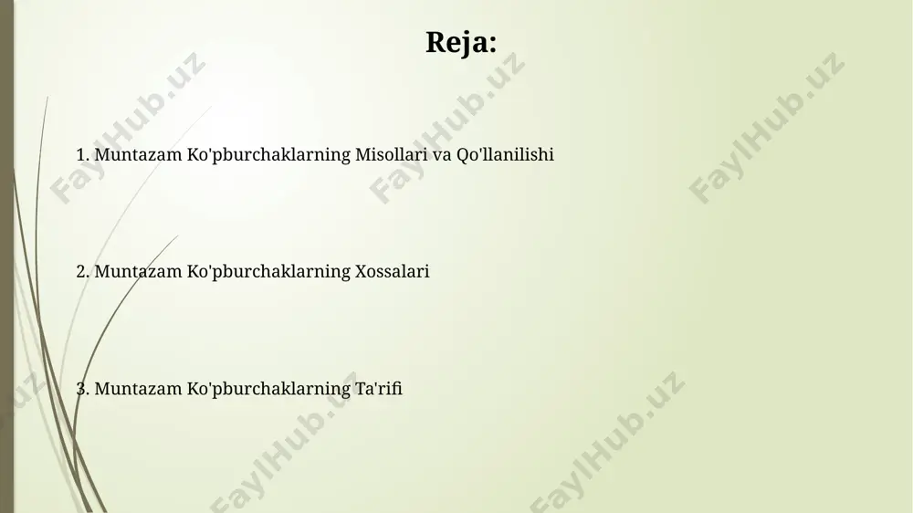 hak uchun, shu jumladan, toshkentdagi maktab darsliklarida o'rganiladigan muntazam ko'pburchaklar uchun ham, doimo 360° ga teng. bu geometriyaning asosiy teoremalaridan biridir. muntazam ko'pburchaklarning misollari muntazam oltiburchak, 6 ta teng tomoni va 6 ta teng burchagi (har biri 120°) bilan ajralib turadi va tabiatda, masalan, asalarining uyasi tuzilmasida uchraydigan ajoyib geometrik shakl hisoblanadi. muntazam sakkizburchak, 8 ta teng tomoni va 8 ta teng burchagi (har biri 135°) bo'lgan ko'pburchakdir, ko'pincha me'moriy dizaynda, xususan, islom me'morchiligi naqshlarida, masalan, samarqanddagi registonda uchraydi. muntazam ko'pburchaklarning amaliy qo'llanilishi farg'ona vodiysidagi 5 burchakli (pentagon) shaklidagi 15 metrli dekorativ panjaralar estetik go'zallik bilan birga yuqori mustahkamlikni ta'minlaydi va bu shaklning geometrik xususiyatlari tufayli o'ziga xos ko'rinishga ega bo'ladi. toshkentdagi 8 burchakli (oktagon) shaklidagi binolar, masalan, ba'zi sport majmualari, ko'pincha kuchli va barqaror tuzilmani ta'minlash uchun qo'llaniladi, bu esa 30% gacha materiallarni tejashga yordam beradi. muntazam ko'pburchaklarning ta'rifi muntazam ko'pburchaklarning barcha tomonlari o'zaro teng va barcha burchaklari 180°(n-2)/n …
