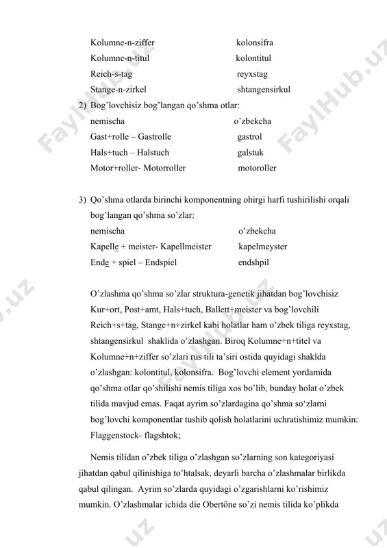 ida o’zlashgan. biroq kolumne+n+titel va kolumne+n+ziffer so’zlari rus tili ta’siri ostida quyidagi shaklda o’zlashgan: kolontitul, kolonsifra. bog’lovchi element yordamida qo’shma otlar qo’shilishi nemis tiliga xos bo’lib, bunday holat o’zbek tilida mavjud emas. faqat ayrim so’zlardagina qo’shma so‘zlarni bog’lovchi komponentlar tushib qolish holatlarini uchratishimiz mumkin: flaggenstock- flagshtok; nemis tilidan o’zbek tiliga o’zlashgan so’zlarning son kategoriyasi jihatdan qabul qilinishiga to’htalsak, deyarli barcha o’zlashmalar birlikda qabul qilingan. ayrim so’zlarda quyidagi o’zgarishlarni ko’rishimiz mumkin. o’zlashmalar ichida die obertöne so’zi nemis tilida ko’plikda ishlatiladi, ammo o’zbek tiliga ularning birlik shakli o’zlashib, ko’pligi o’zbek tilining ko’plik qo’shimchalari bilan yasaladi. foydalanilgan adabiyotlar: 1. jumaniyozov a. o‘zbek tilidagi german tillari o’zlashmalari. toshkent, fan, 1987, 82 b. 2. duden. “grammatik der deutschen gegenwartssprache”.leningrad, 1962. 3.duden. die deutsche sprache. kleine enzyklopädie. bd. i.ii. leipzig, 1969. 4. мирсоатов т.з. немис тили грамматикаси. тошкент, ўкитувчи, 1987. 5. “o’zbek tilining izohli lug’ati”- a. madvaliyev tahriri ostida”o’zbekiston milliy ensiklopediyasi” davlat ilmiy nashriyoti, toshkent, 2006-2008.