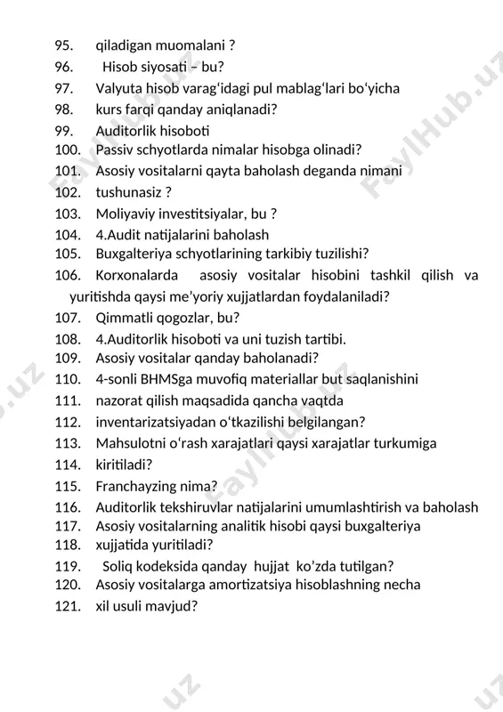 lari? 162. mehnatga haq toʻlash shakllari, tizimlari, fondi va uning tarkibi 163. mehnatga haqi hisobini hujjatlarda rasmiylashtirish. 164. mehnatga haq toʻlashni sintetik va analitik hisobi. 165. mehnat ta'tili hamda kasallik varaqasi boʻyicha haq toʻlash 166. ish haqidan ajratma va toʻlovlar hisobi 167. auditning paydo boʻlishim 168. auditning maqsadi 169. auditning asosiy vazifasi 170. avdutning turlari 171. ichki avdut nima 172. tashqi avdut nima 173. auditorlik faoliyatini rejalashtirishning maqsadi, vazifalari, bosqichlari va asosiy tamoyillari 174. auditorlik tekshiruvlar natijalarini umumlashtirish va baholash. 175. auditorlik hisoboti va uni tuzish tartibi. 176. auditorlik xulosasi va uni tuzish tartibi. 177. audit natijalarini baholash 178. auditorlik hisoboti 179. auditorlik hisobotining tahliliy qismi 180. auditorlik xulosasini tuzishning yagona tartibini belgilovchi me’yoriy hujjatlari 181. ijobiy auditorlik xulosa 182. salbiy auditorlik xulosa 183. auditorlik xulosasini tuzishdan bosh tortish 184. asosiy vositalarni hisobga oluvchi schyotlar 185. nomoddiy aktivlar amortizasiyasini hisobga oluvchi schyotlar 186. uzoq muddatli investisiyalarni hisobga oluvchi schyotlar 187. …