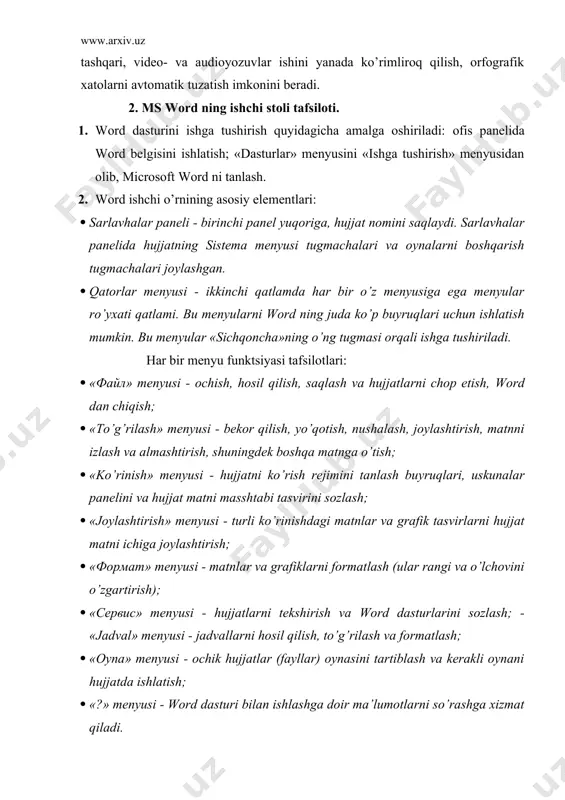 tekshirish va word dasturlarini sozlash; - «jadval» menyusi - jadvallarni hosil qilish, to’g’rilash va formatlash; · «oyna» menyusi - ochik hujjatlar (fayllar) oynasini tartiblash va kerakli oynani hujjatda ishlatish; · «?» menyusi - word dasturi bilan ishlashga doir ma’lumotlarni so’rashga xizmat qiladi. standart uskunalar paneli (odatda uchinchi qator) word ning juda zarur uskunalarini o’z ichiga oladi. har qanday uskuna «sichqoncha»ning chap tugmasi bilan ishga tushiriladi. formatlash uskunalar panelida (to’rtinchi qator) uskunalar tugmalari joylashgan. bu tugmalar yordamida shriftning o’lchovi, ko’rinishi (ogma, yarim to’q, tagiga chizilgan), ular tipini tanlash mumkin. chop etilgan matnni tekislashni tanlash va ko’pgina boshqa uskunalar joylashgan. shu erda panellar soni o’zgaruvchan ekanligini ta’kidlash foydali. koordinata chizig’i - uskunalar panelidan pastroqda joylashgan, undan xat boshini ko’rish va o’rnatish uchun foydalaniladi hamda hujjat maydoni kengligi olinadi. (shu erda bir matn misolida yuqorida aytilganlarni tushuntirish tavsiya etiladi). hujjatning ishchi varog’i - kursor bilan oq fazo (qaerda matn hosil bo’layotganini ko’rsatadi). holatlar …