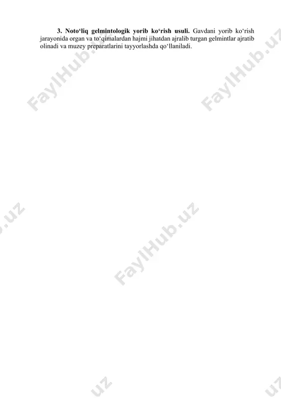 ivga o‘rnatiladi va unga iliq 37-38 gradusli suv quyiladi. sim to‘rga (yoki dokaga o‘rab) gumon qilingan hayvonning tezakidan 10-15 gramm solinadi va shu holatda bir necha soat qoldiriladi (agarda qo‘y va echki tezagi bo‘lsa -6 soat, qoramol tezagi bo‘lsa 12 soat).so‘ngra rezina naychaning pastki qismidagi suyuqlik sentrifuga probirkasiga quyilib, bir minut davomida aylantiriladi va hosil bo‘lgan cho‘mani petri tovoqchalariga solib yoki katta hajmdagi buyum oynasiga, qaysikim atrofi parafin yoki plastilin bilan o‘rab olingan, quyib chiqib mikrospok ostiga tekshiriladi. bunda ilonsimon harakatdagi lichinkalarni topish mumkin. 2. vayda usuli. bu juda ham oddiy usul bo‘lib faqat shariksimon shakldagi tezaklarni tekshirish uchun mo‘ljallangan. usulni bajarish texnikasi quyidagicha:gumon qilingan hayvondan 5-10 ta qumaloq tezak soat oynachasiga yoki petroi tovoqchasiga solinadi va uning ustiga 37-28 gradusli suvdan biroz qo‘shilib 15-40 minut davomida saqlanadi. shundan so‘ng qumaloq tezaklar olib tashlanib qoldiq mikroskop ostida tekshiriladi. bunda ham ilonsimon harakatdagi lichinkalarni topish mumkin. biroq bu usulning samaradorligi past, …