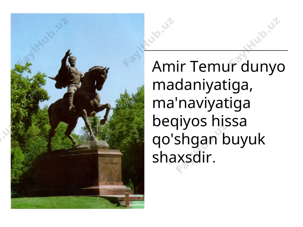 akkirlar, olimlar, daholar, xalq qahramonlari haqidagi ma’lumotlarni o’rganish albatta kishilarimiz tafakkurida, ongida, xususan biz kelajakni ularsiz tasavvur qilolmaydigan yoshlarimiz tushunchalarida keskin ijobiy o’zgarishlar paydo qiladi. temuriylar davri hayoti va uning ma`naviyatga ta`sir etgan rivoji amir temur movarounnahr madaniyatiga qo`shgan hissasi. amir temur markaziy davlat tizimini ixcham va ishchan qilib tuzdi, bunda songa emas, sifatga e'tibor berdi. test маънавий тарбиянинг услуб ва воситаларига нималар киради? а) шахс, гурух ва жамият рухиятига таъсир қилувчи маънавий омиллар; б) соғлом мулоқот маданиятини тарбиялаш; в) эътиқодни шакллантирувчи услублар; г) маънавий тарбия ишлари самарадорлигини бахолаш мезонлари; д) юқоридагиларнинг барчаси тўғри. «маънавият ва маърифат» жамоатчилик маркази қачон ташкил этилган? а) 1993 йил; б) 1994 йил; в) 1995 йил; г) 1996 йил; д) 1997 йил. президентимиз и.каримов. «маънавият ва маърифат» жамоатчилик маркази бошқаруви аъзолари билан қачон учрашган? а) 1994 йил апрел; б) 1995 йил октябр; в) 1996 йил сентябр; г) 1997 йил май; д) 1998 йил август. маънавият …