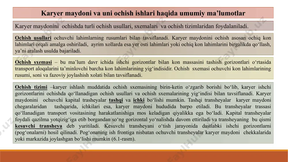 asi batamom qazib olinguncha (karyer ishlash muddati mobaynida) davom ettiriladi. qiya va o‘ta qiya kon yotqiziqlarini qazib olishda kesuvchi transheyaning har ikki yon tomonlari kengaytirib boriladi. natijada qazish gorzontida mashina va uskunalarni bemalol joylashtirishni ta’minlaydigan maydon hosil qiladi. ochiq kon lahimlari va ularning vazifalari ochiq kon ishlarini olib borishda, asosan ikki tipdagi kon lahimlari - kapital va kesuvchi transheyalardan foydalaniladi. kapital transheyalar – bu ishchi gorizontlarni ochishga mo‘ljallangan qiya ochiq kon lahimlari bo‘lib, yer yuzining relefiga nisbatan ularning ko‘ndalang kesim yuzalari ko‘rinishi trapetsiya yoki noto‘g‘ri to‘rtburchak (uchburchak) shaklda bo‘lishi mumkin. kapital transheyalarning asosiy elementlarini quyidagilar tashkil qiladi: transheya asosining kengligi vk.t, chuqurligi nk.t, bo‘ylama nishabligi ik.t, va yonbag‘irlari (bortlari) qiyalik burchagi αk.t, plan bo‘yicha uzunligi lk.t, va qurilish hajmi vk.t (6.2-rasm). 6.2-rasm. kapital transheyaning umumiy (a) va plandagi (b) ko‘rinishlari. ochiq kon lahimlari va ularning vazifalari kapital transheya asosining minimal kengligi transport vositasi ko‘ndalang o‘lchami, transport vositalari orasidagi xavfsiz masofa, …