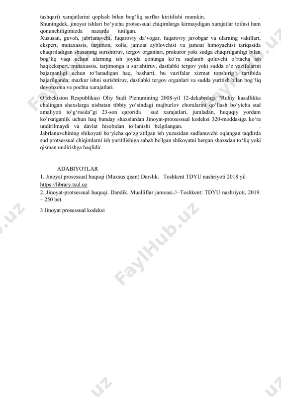 i uy qamog‘ida va tibbiy muassasada bo‘lish muddatini hisoblash hollari bundan mustasno. shuningdek, qonunchilik muddatlarni yillar bilan hisoblashtartibini ham nazarda tutgan. jinoyat-protsessual qonunchilikda belgilangan muddat protsessning manfaatdor ishtirokchisi qilgan iltimosga binoan muddatni belgilagan surishtiruvchi, tergovchi, prokurorning qarori yoki sudning ajrimi bilan uzaytirilishi mumkin. shu bilan birga, uzrli sabablarga ko‘ra o‘tkazib yuborilgan muddat ish yuritayotgan surishtiruvchi, tergovchi, prokurorning qarori yoki sudning ajrimi bilan tiklanishi lozim. 1.jinoyat protsessida protsessual chiqim tushunchasi va turlari. mazkur chiqimlarni mazmuni va protsessual qonunchilikda belgilangan qoplash tartibidan kelib chiqqan holda shartli ravishda ikki guruhga ajratishimiz mumkin: a) kompensatsiya ko‘rinishidagi to‘lovlar – ishtirokchilar sarflagan xarajatlarni qoplash uchun ularga to‘lanadigan pul mablag‘i; b) benefitsiar ko‘rinishidagi to‘lovlar – jinoyat sud ish yurituvi jarayonidagi o‘z majburiyatlarini bajarganligi uchun to‘lanadigan mukofot puli tariqasidagi pul mablag‘i. o‘zbekiston respublikasi oliy sud plenumining 2009-yil 24-noyabrdagi “jinoyat ishlari bo‘yicha protsessual chiqimlarni undirish amaliyoti to‘g‘risida”gi 13-son qaroriga binoan protsessual chiqimlarga tegishli boshqa xarajatlar deganda jinoyat ishi bo‘yicha …