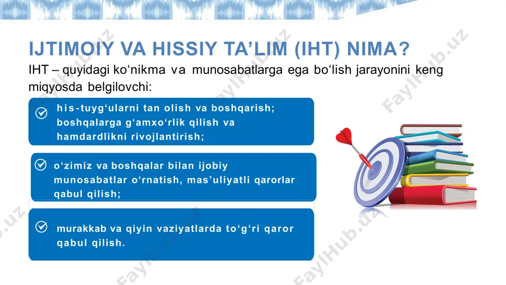 rovni rivojlantirish uchun to‘rtta vosita: muammo qo‘yish muammolarni o‘rganish uchun yangi savollar yarata olasizmi? mulohazali shubhalanish (reflektiv skeptitsizm) o‘z e’tiqodlaringiz haqida fikr yuritayotganda ma’lumotga qanday savol berasiz? ko‘p nuqtai nazar turli nuqtai nazarlarni ko‘rib chiqa olasizmi? tizimli fikrlash murakkab tizimlar haqida qanday fikrdasiz? rahmdillik harakatlarini tan oling o‘zingizga, boshqalarga va atrof-muhitga mehribonlik rahm- shafqat ko‘rsating o‘zgarishlar tayyor bo'ling ogohlik rahmdillik diqqat va e’tiborni oshiring hissiyotlarni tartibga solish tuyg‘ularni nomlang va tan oling. boshqalarning his-tuyg‘usini tushuning. ijtimoiy aloqani rivojlantiring surishtiruv dalillarga asoslangan mantiq ratsionallikning yuragi sifatida o‘ziga shubha va intellektual chidamlilikni rivojlantiring hamdardlik tanqidiy so‘rov 4 ko‘nikma xulosasi 9 o‘quvchilarning ruhiy-ijtimoiy holati o‘qituvchilarning ruhiy-ijtimoiy holati yuksak ijtimoiy va hissiy ko‘nikmalarga ega bo‘lgan o‘qituvchilar o‘quvchilar bilan ijobiy munosabatlar o‘rnatadi, sinfda sog‘lom va iliq muhit yaratadi. bunday o‘qituvchilar dars jarayonida tartib-intizom muammolariga kamroq duch keladi, o‘quvchilarning o‘qishga bo‘lgan qiziqishi va faol ishtiroki yuqori bo‘ladi hamda ularning ruhiy salomatligi mustahkamlanadi. o‘quvchilar uchun ijtimoiy hissiy …
