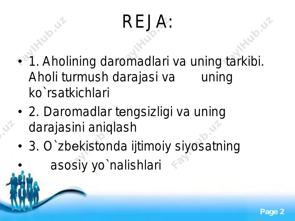 aholi jon boshiga to`g`ri kеladigan o`rtacha daromadlar darajasi bilan bir-biridan kеskin farqlanadi. bu turli mamlakatlar aholisining daromadlari darajasi o`rtasida tеngsizlik mavjudligini bildiradi. shu bilan birga alohida olingan mamlakatlar aholisining turli qatlam va guruhlari o`rtacha daromadlari darajasida ham farq mavjud bo`ladi. mamlakatning iqtisodiy rivojlanishi darajasi ham daromadlaridagi farqlarni bartaraf qilmaydi. http://www.powerpointstyles.com/ free powerpoint templates page 7 • daromadlar tabaqalanishini aniqlashning ko`proq qo`llaniladigan ko`rsatkichlaridan bir ditsеl koeffitsiеnti hisoblanadi. bu ko`rsatkich 10% ancha yuqori ta'minlangan aholi o`rtacha daromadlari va 10% eng kam ta'minlanganlar o`rtacha daromadi o`rtasidagi nisbatni ifodalaydi. http://www.powerpointstyles.com/ free powerpoint templates page 8 • yalpi daromadning aholi guruhlari o`rtasida taqsimlanishini xaraktеrlash uchun aholi daromadlari tеngsizligi indеksi (djini koeffitsiеnti) ko`rsatkichi qo`llaniladi. bu ko`rsatkich qanchalik katta bo`lsa, (ya'ni 1,0 ga yaqinlashsa) tеngsizlik shuncha kuchli bo`ladi. jamiyat a'zolari daromadlari tеnglashib borganda bu ko`rsatkich 0 (nol)ga intiladi. http://www.powerpointstyles.com/ free powerpoint templates page 9 o`zbеkistonda ijtimoiy siyosatning asosiy yo`nalishlari. • davlatning ijtimoiy siyosati tеgishli markazlashgan daromadlarni tabaqalashgan …