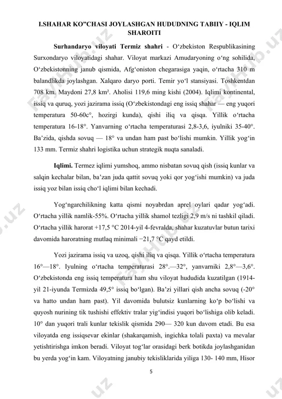 suv bilan taʼminlay oladi, janubidagi keng tekisliklarda doimiy suv tanqisligi kuzatiladi. yer osti (artezian) suvlaridan tobora keng foydalanilmoqda. 1957—1958-yillarda uchqizil, 1959—1962-yillarda janubiy surxon va degrez suv omborlari, jarqoʻrgʻon gidrotuguni qurildi. hazorbogʻ, daytoʻlak, qumqoʻrgʻon, zang kanallari, sherobod, amu-zang mashina sugʻorish kanallari barpo etildi. tuprogʻi tekisliklarda taqirsimon va shoʻrxok och boʻz tuproqlar, togʻ yonbagʻrida turli xil boʻz tuproqdir. oʻsimliklar dunyosi ham tabiiy sharoiti bilan bogʻliq. janubidagi ekin ekilmaydigan qumloq joylarda qandim, oq saksovul, cherkez, taroqbosh, yaltirbosh, yantoq, butasimonlar; daryo boʻylarida yulgʻun, jiyda, turangʻil, terak, savagʻich, qiyoq, qamish. 1-rаsm. termiz shаhrining yillik havo harorati grafigi ii.shahar ko’chasinining texnik-iqtisodiy ko‘rsatkichlari shahar yo’llari va ko‘chalarini texnik-iqtisodiy ko‘rsatkichlari mavjud me’yoriy hujjatlardan foydalanib o‘rganib chiqiladi va jadval shaklida ko‘rsatib o‘tiladi (1-jadval). menga berilgan topshiriqga asosan, shahar yo‘lining texnik iqtisodiy ko‘rsatkichlarini me’yoriy hujjatlardan foydalanib ko‘ndalang kesimining asosiy o‘lchamlarini yo‘lning toifasiga ko‘ra shnq 2.07.01-03 ga asosan qabul qilib oldim. shahar ko‘cha yo‘llarining ko‘ndalang kesimining asosiy o‘lchamlari 1-jadval ko‘chalar toifasi …