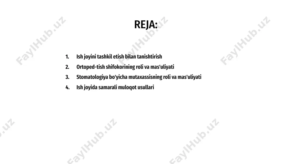 o'z ichiga oladi. tish bo'yicha texnikning mas'uliyati bemorlarning xavfsizligi va sog'lig'ini ta'minlash uchun toza va steril ish muhitini saqlashni ham o'z ichiga oladi. salavha ortoped-tish shifokori va stomatologning ish joyida samarali muloqot uzluksiz hamkorlikni va bemorni parvarish qilishni ta'minlash uchun juda muhimdir. 1 aniq va ochiq aloqa kanallari tushunchalar, g'oyalar va bemorlar haqida ma'lumot almashishni osonlashtiradi, bu esa davolanish natijalarini yaxshilashga va bemorning qoniqishiga olib keladi. 3 shaffof muloqot va faol tinglash madaniyatini tarbiyalash orqali ortoped-tish shifokori va stomatologiya bo'yicha mutaxassis sifatli stomatologik yordam ko'rsatish uchun uyg'un ishlay oladi. 2 ortopedik stomatologiyada ishlatiladigan asboblar va jihozlar a ortopedik stomatologning ish joyini tashkil qilish stomatologik matkaplar, rentgen apparatlari va sterilizatsiya uskunalari kabi maxsus asboblarni o'z ichiga oladi. b tish bo'yicha mutaxassis tish protezlarini yaratish uchun taassurot tepsilari, modellash mumi va chinni pechlari kabi asboblarga ega bo'lishi kerak. c ikkala mutaxassis ham bemorlar uchun to'g'ri va qulay tish restavratsiyasini ta'minlash uchun kaliperlar, …