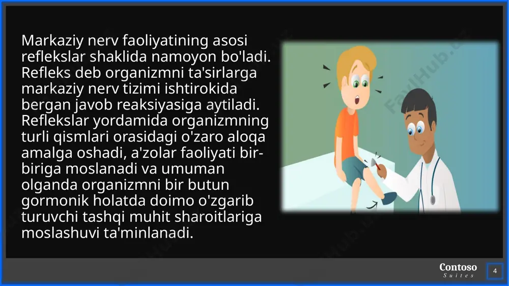 m.sechenovning buyuk tajribasi quyidagicha o'tkazilgan. baqa bosh miyasini ochib ko'ruv bo'rtiqlarini osh tuzi kristali bilan qo'zg'atilsa orqa miya reflekslarining tormozlanishi kuzatiladi 14 contoso suites presinaptik tormozlanish bu holat akson-akson sinapslarida yuz beradi.presinaptik tormozlanish akson presinaptik qismining depolyarizatsiyalanishi natijasida u yerdan o‘tayotgan qo‘zg‘alish kuchi susayib unga ajraladigan mediatorning miqdori ozayadi. agar akson kuchli depolyarizatsiyalansa undan qo‘zg‘alish mutlaqo o‘tmay qoladi. postsinaptik tormozlanish tormozlanish jarayoni postsinaptik membrananing giperpolyarlanishi bilan bog‘liq. pessimal tormozlanish sinapsga yuqori chastotali impulslar kelib tursa, postsinaptik membrana kuchli depolyarizatsiyalanib ta’sirlarga javob bera olmay qoladi. bunday tormozlanishni adabiyotlarda vvedenskiy bo‘yicha tormozlanish deb ham ataladi. pessimal tormozlanish markaziy neyronlarni xaddan tashqari qo‘zg‘alishdan himoya qilib turadi. 15 contoso suites 16 qo‘zg‘alishdan keyingi tormozlanish kuchli qo‘zg‘alishdan keyin neyron membranasi dastlabki holatgagacha qaytmasdan undan ortiqroq, ya’ni giperpolyarlanadi. buni iz giperpolyarizatsiyasi deb ataladi. shunday holatda kelayotgan ta’sirotlarga javoban hosil bo‘layotgan qo‘zg‘aluvchi postsinaptik potensial membrana depolyarizatsiyasini kritik nuqtagacha yetkaza olmaydi, natijada tarqaluvchi qo‘zg‘alish yuzaga kelmaydi. tormozlovchi neyronlar …